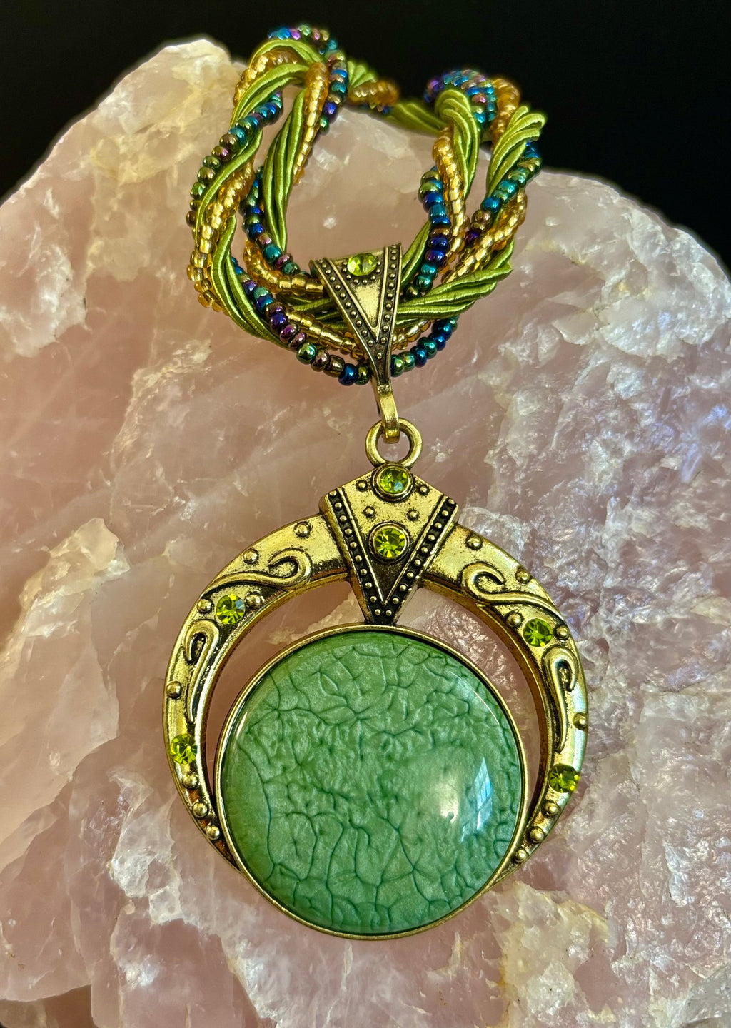 Bohemian Green Goddess Necklace | Vintage-Inspired Beaded Statement Pendant