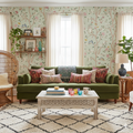 Lockie floral wallpaper with a romantic chinoiserie pattern in sage green and pale pink