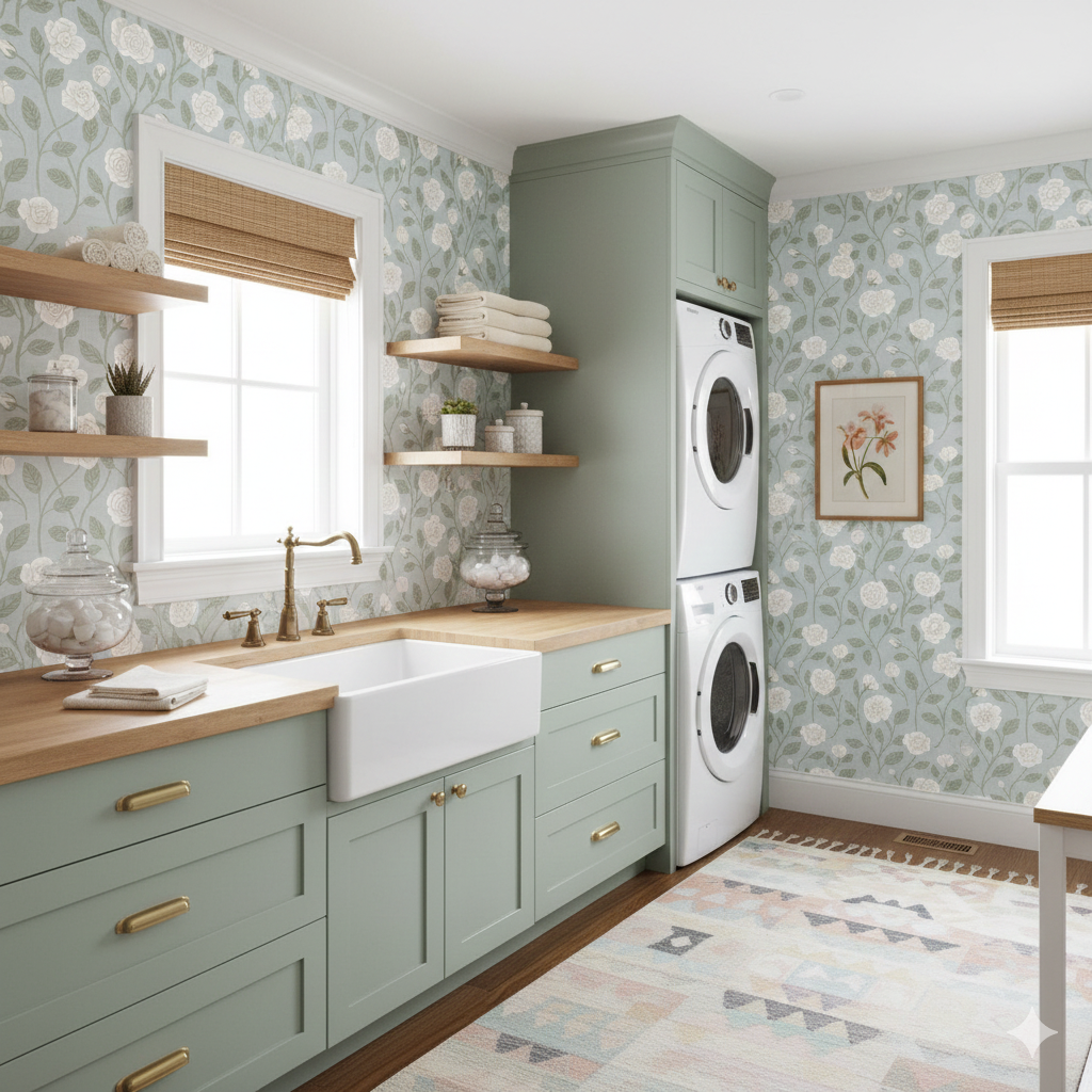 Clem floral wallpaper featuring sage-green and white tones for a cottagecore aesthetic