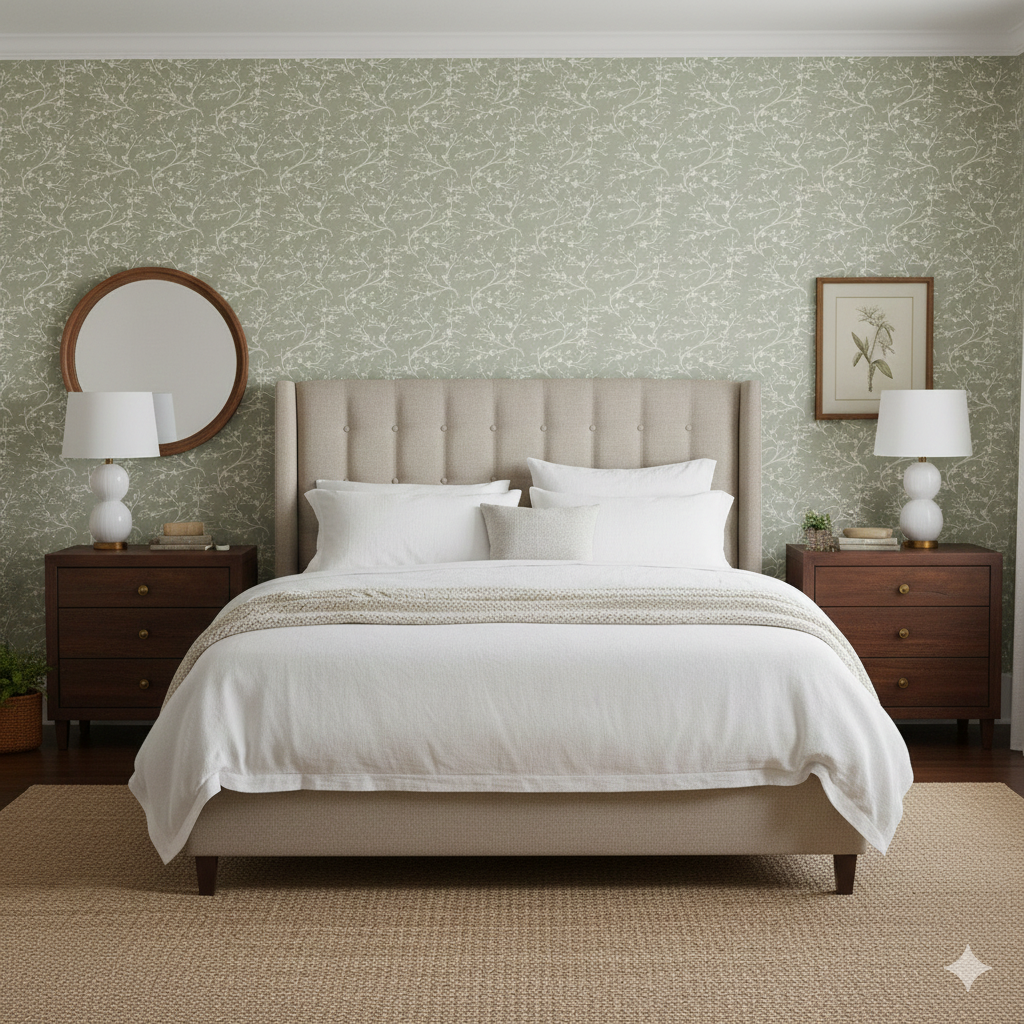 Russ wallpaper featuring sage green background with off-white botanical branch illustrations in a modern bedroom setting