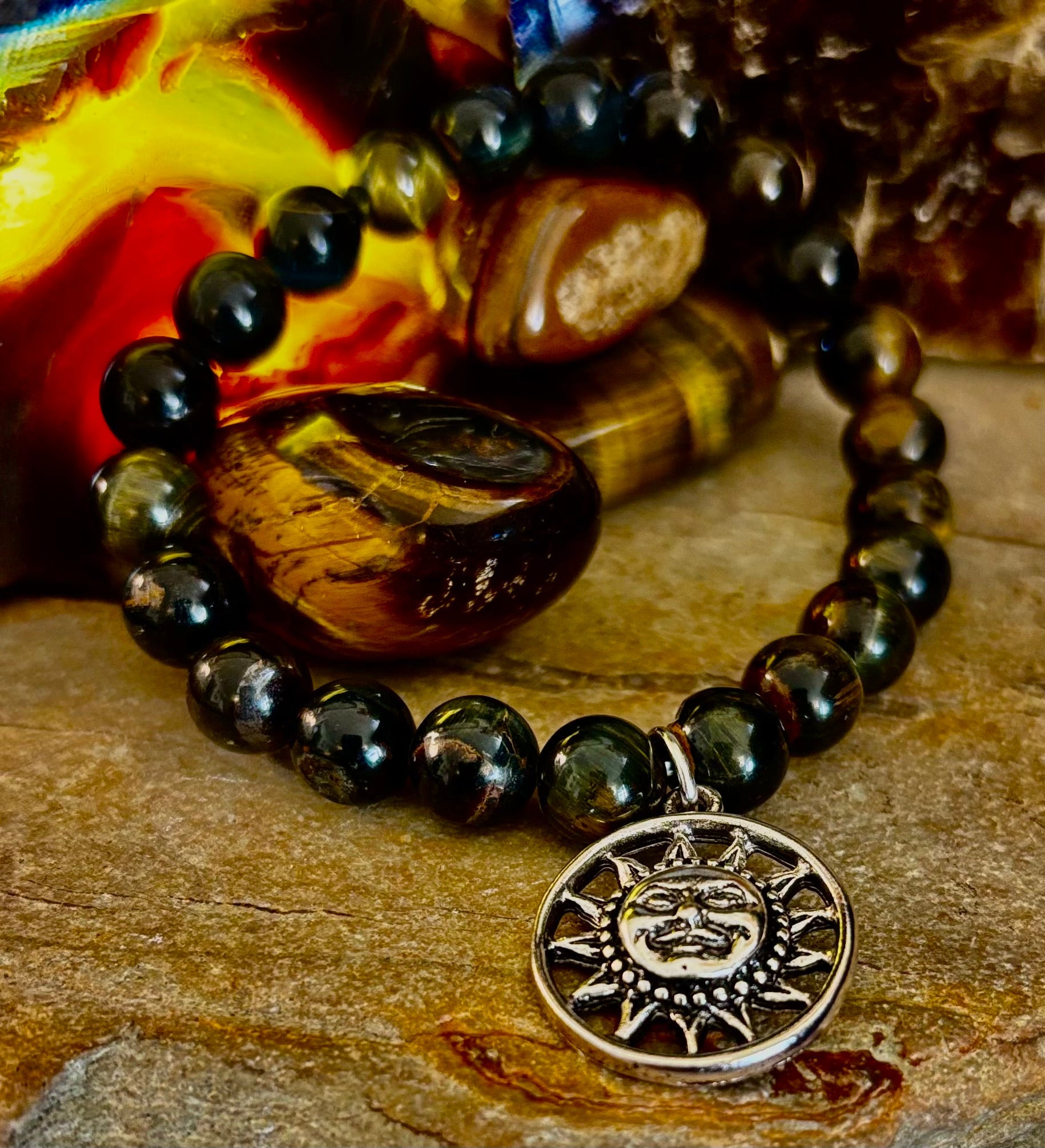 7 Wonders Natural Stone Charm Bracelet Collection | 8mm Healing Gemstone Beads with Silver Charms (Small–Medium Wrists)