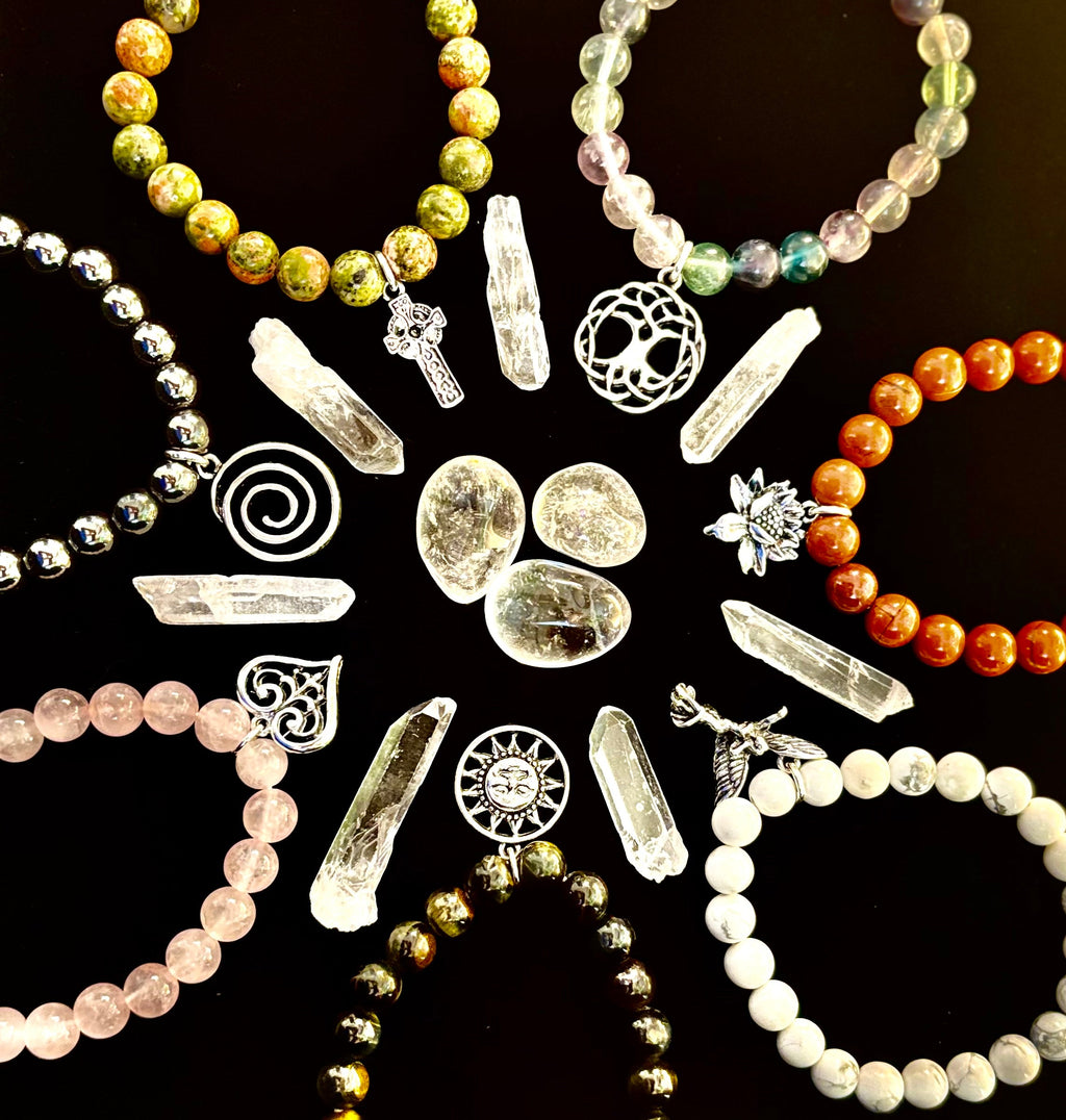 7 Wonders Natural Stone Charm Bracelet Collection | 8mm Healing Gemstone Beads with Silver Charms (Small–Medium Wrists)