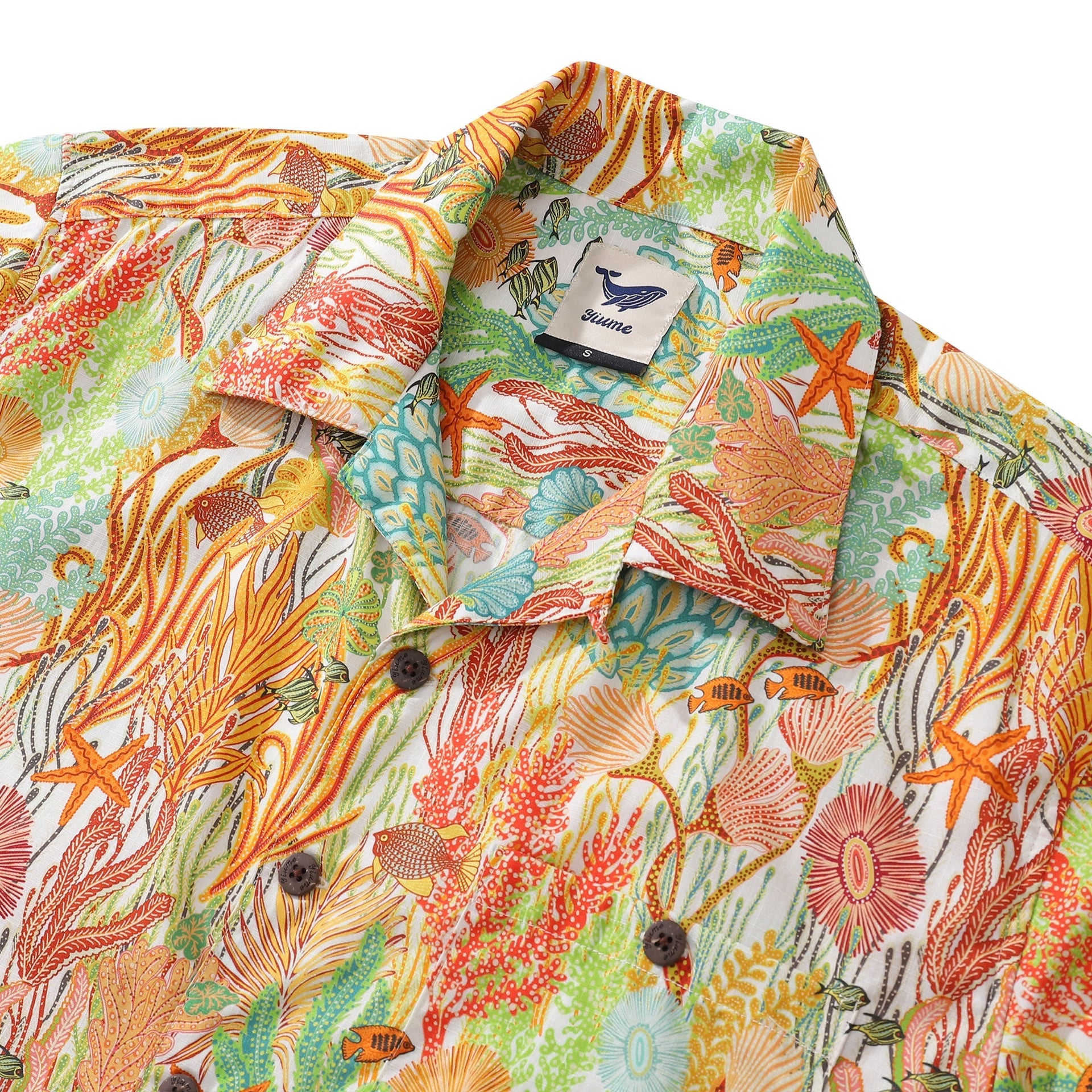 Orange 100% Cotton Oceanic Fish Print Mens Camp Collar Shirt