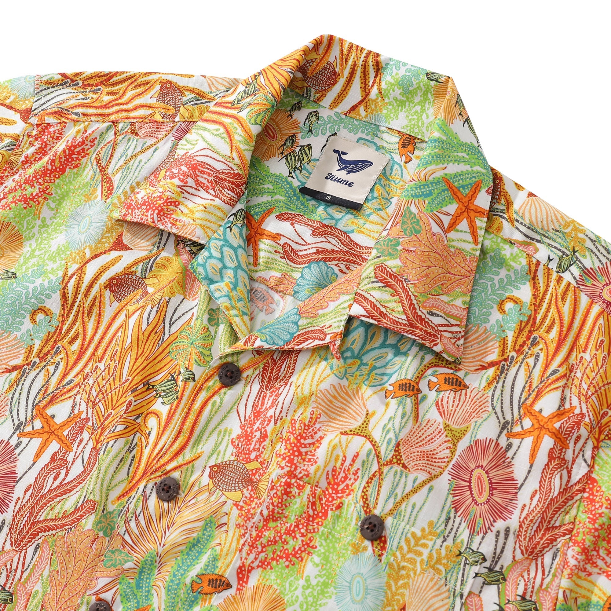 Orange 100% Cotton Oceanic Fish Print Mens Camp Collar Shirt
