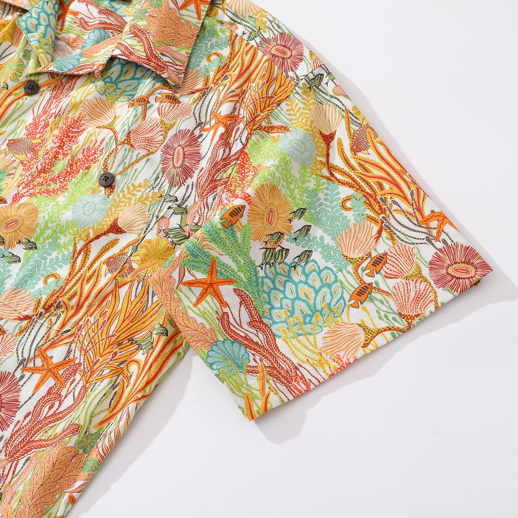 Orange 100% Cotton Oceanic Fish Print Mens Camp Collar Shirt