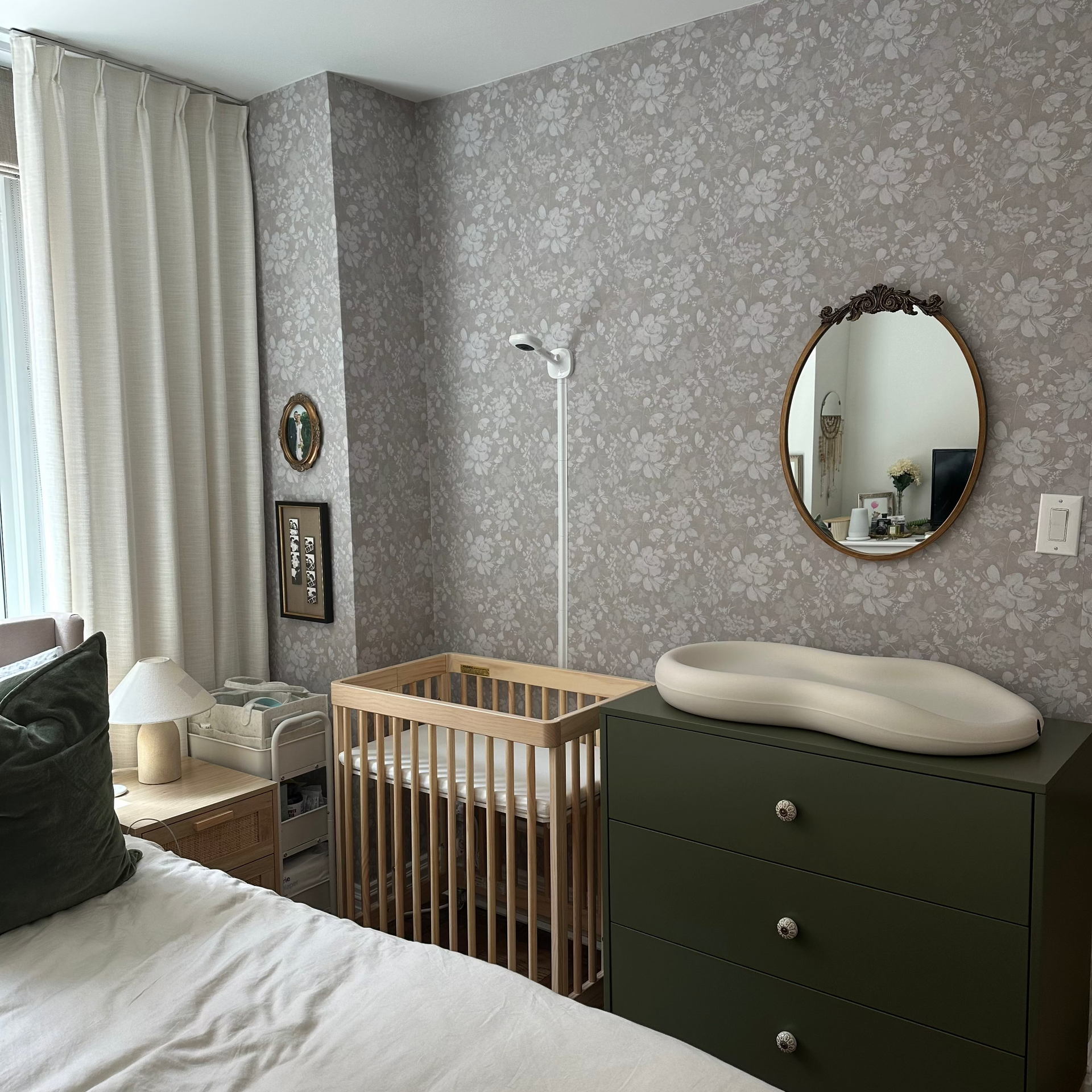 Modern Bates wallpaper pattern by Taddy Mikelaites on a neutral wall
