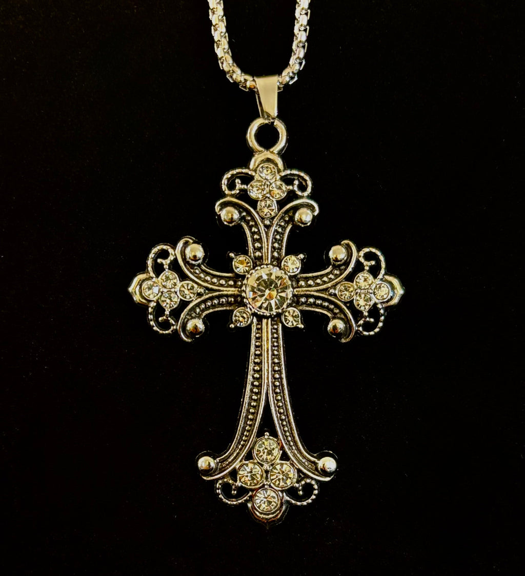 The Material Girl - Vintage Crystal Cross Pendant Necklace – Ornate Silver Tone