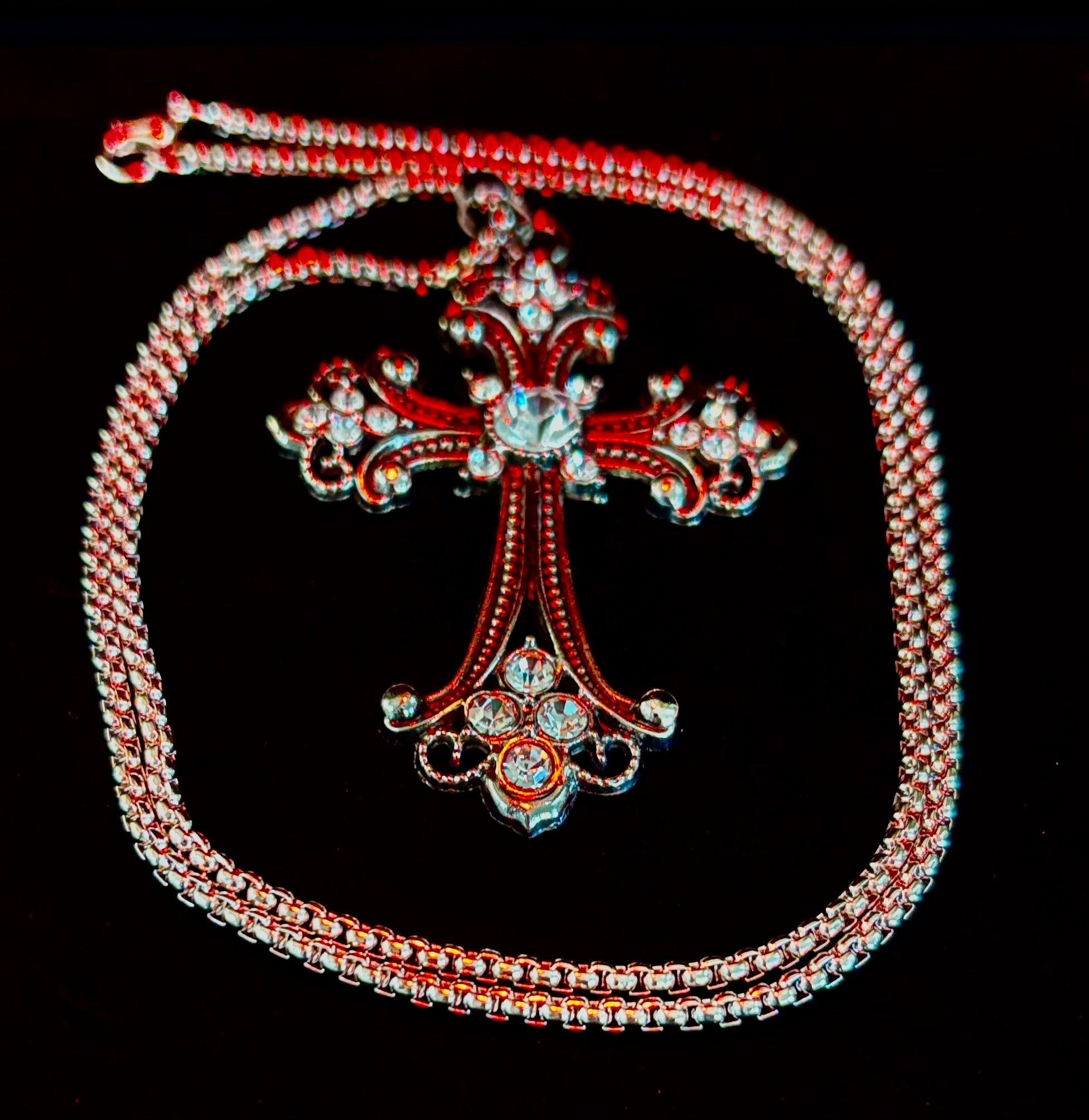 The Material Girl - Vintage Crystal Cross Pendant Necklace – Ornate Silver Tone