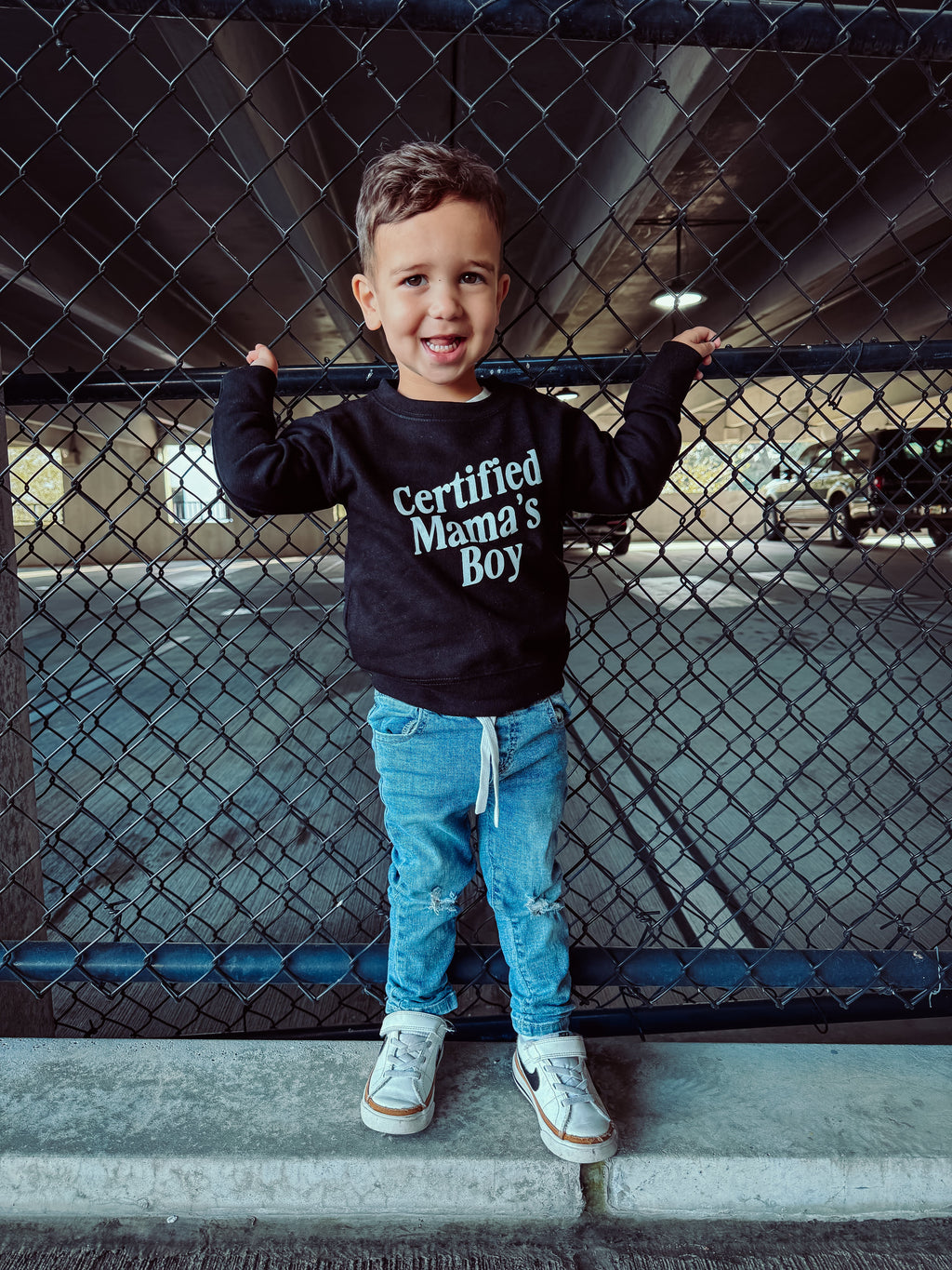 Minimalist Certified Mama's Boy pullover for kids in black and white