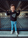 Minimalist Certified Mama's Boy pullover for kids in black and white