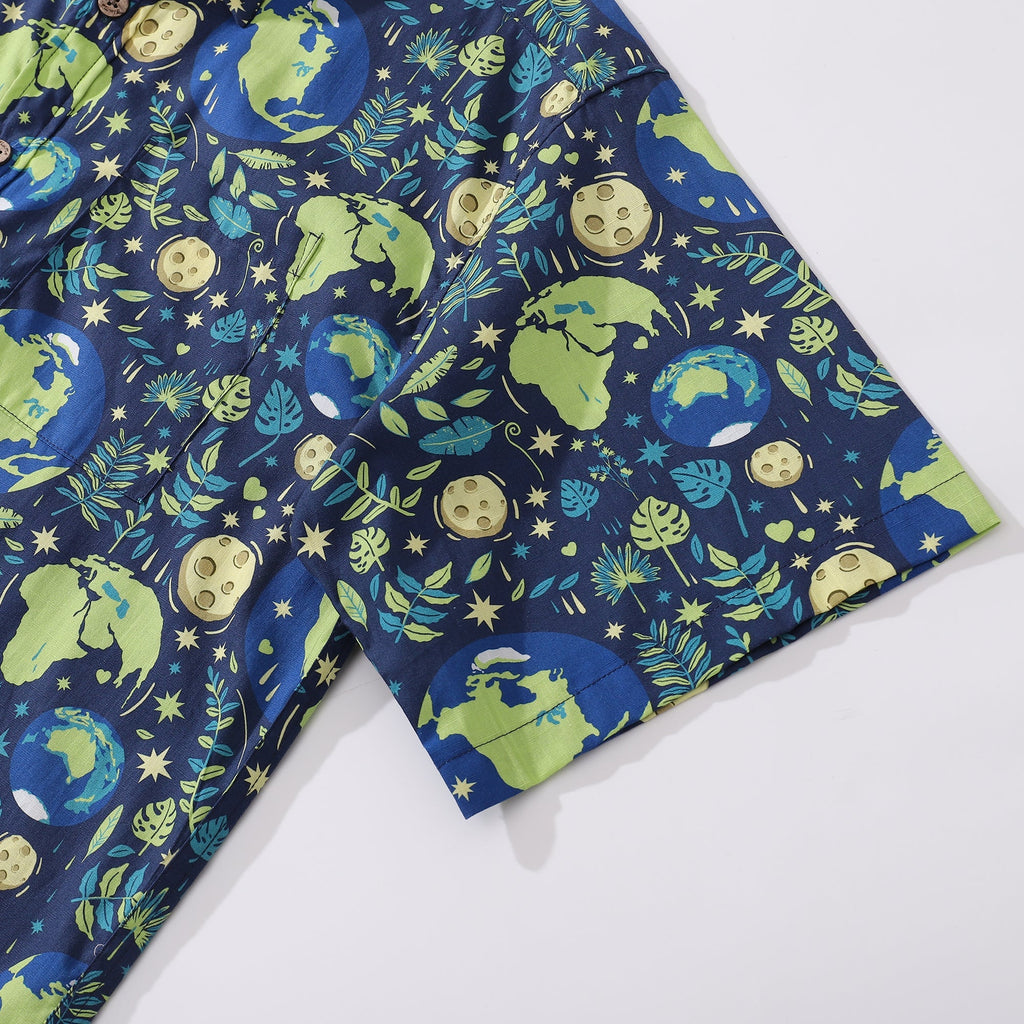 Blue Planet Earth Day Aloha Shirt, Short Sleeve Cotton Button-Down