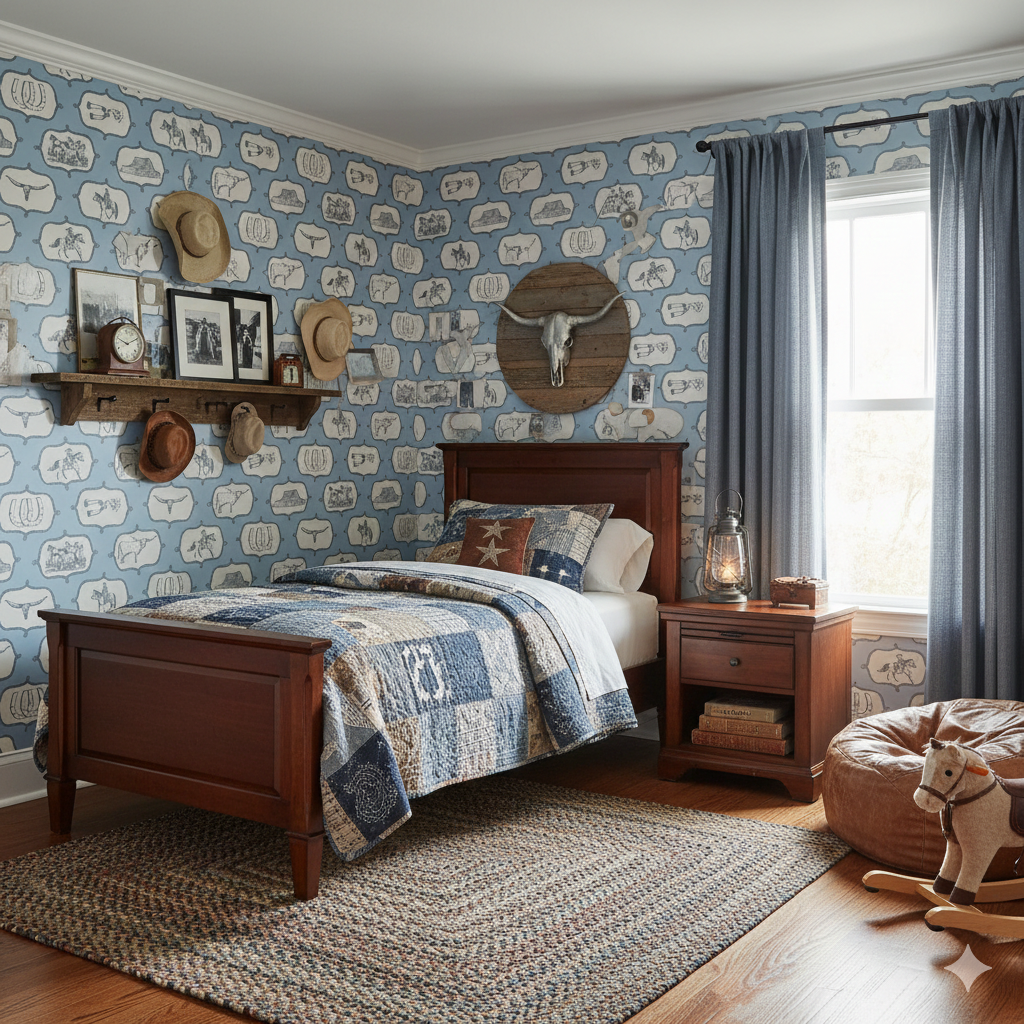 Gus removable wallpaper in blue and grey with a rustic western design