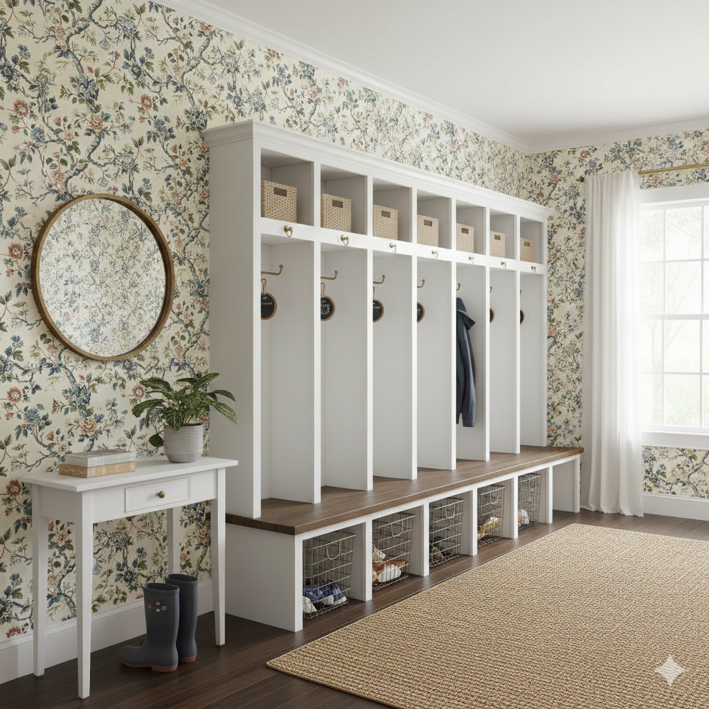 Eveline floral wallpaper with a traditional botanical design in cream, blue, pink, and green
