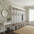 Eveline floral wallpaper with a traditional botanical design in cream, blue, pink, and green