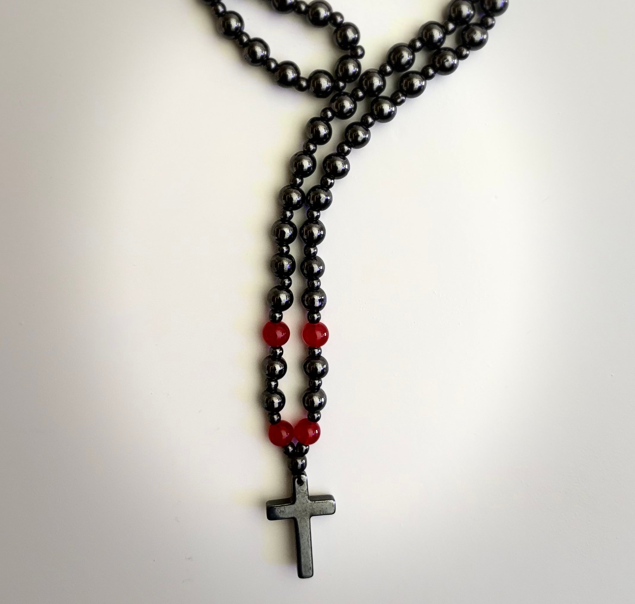 Magnetic Hematite Ball Chain Cross Necklace – Black & Red Natural Stones (24 inch.)