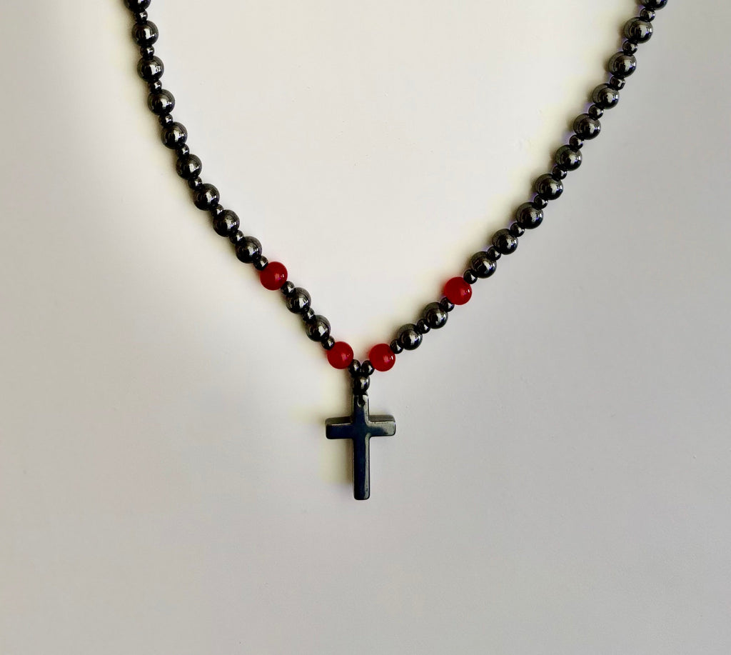 Magnetic Hematite Ball Chain Cross Necklace – Black & Red Natural Stones (24 inch.)