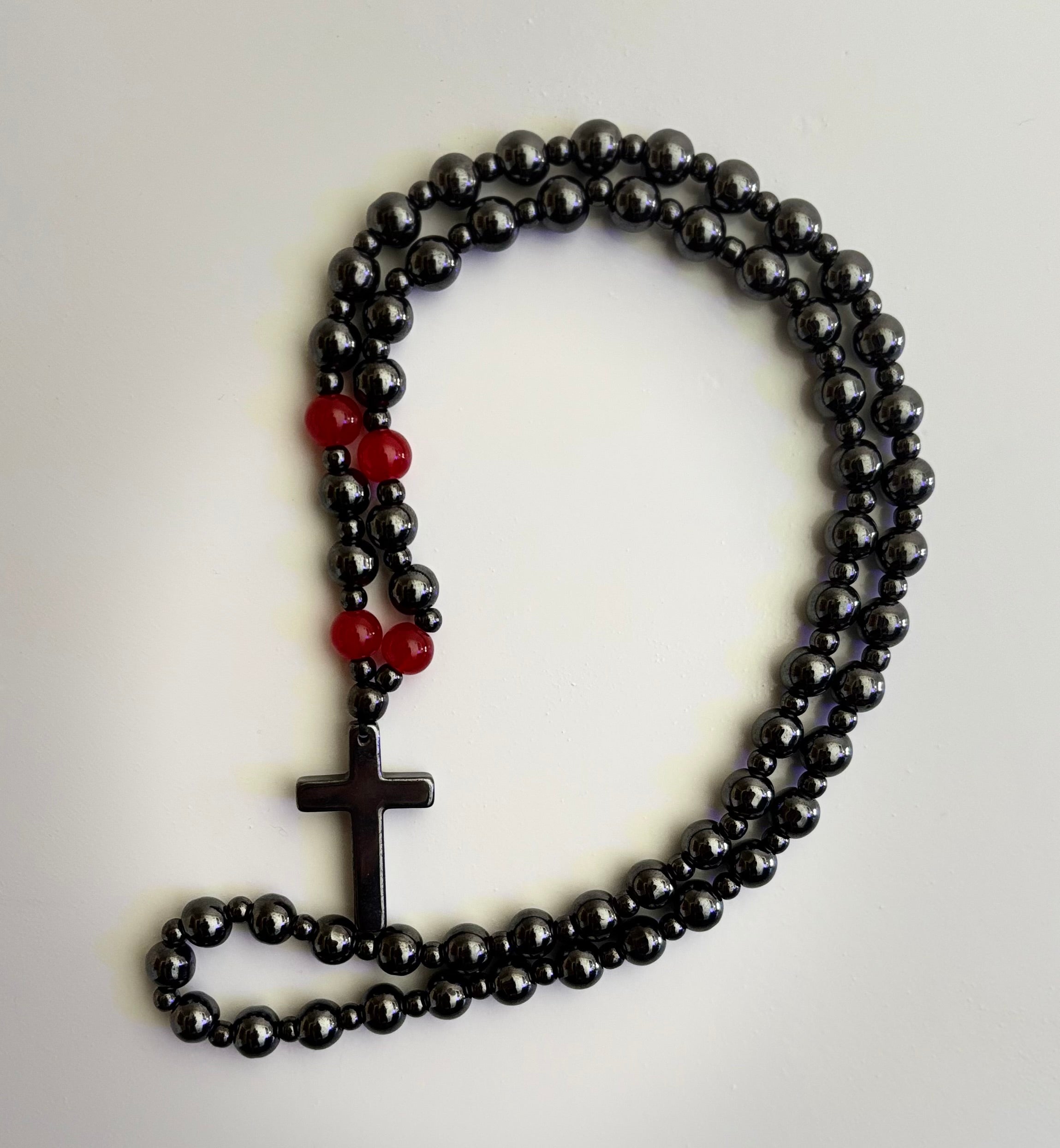 Magnetic Hematite Ball Chain Cross Necklace – Black & Red Natural Stones (24 inch.)