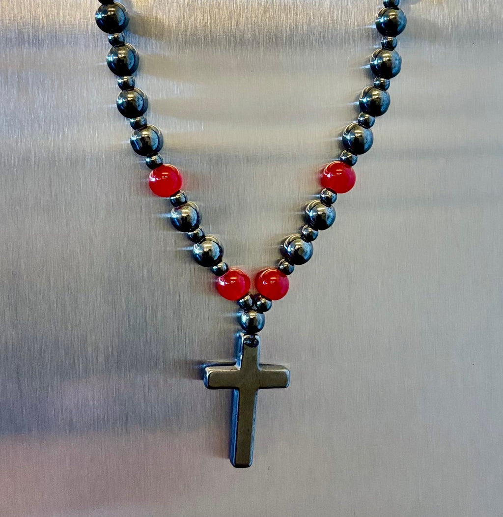 Magnetic Hematite Ball Chain Cross Necklace – Black & Red Natural Stones (24 inch.)
