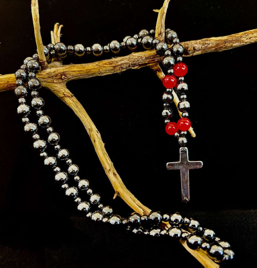 Magnetic Hematite Ball Chain Cross Necklace – Black & Red Natural Stones (24 inch.)