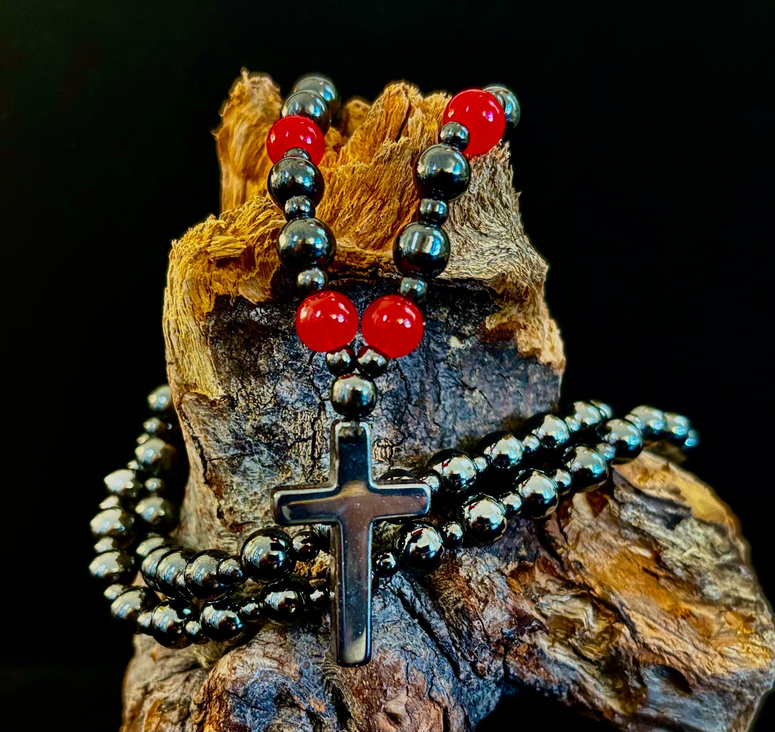 Magnetic Hematite Ball Chain Cross Necklace – Black & Red Natural Stones (24 inch.)