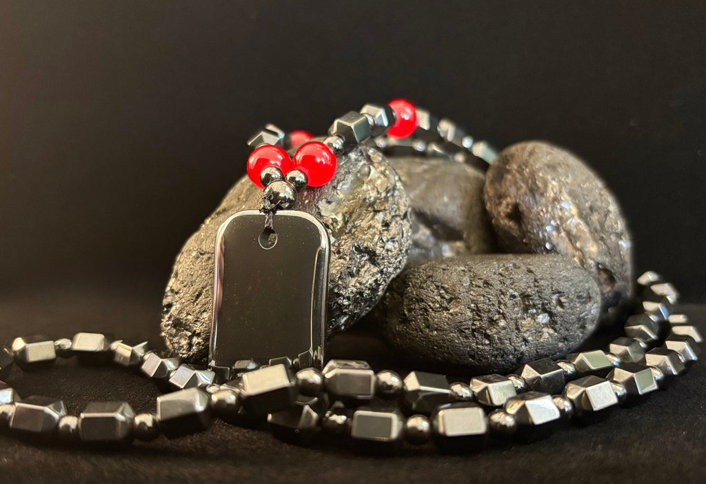 Hero Shield Magnetic Hematite Necklace – Red Power Beads + Dog Tag Pendant (Unisex Protection Jewelry)