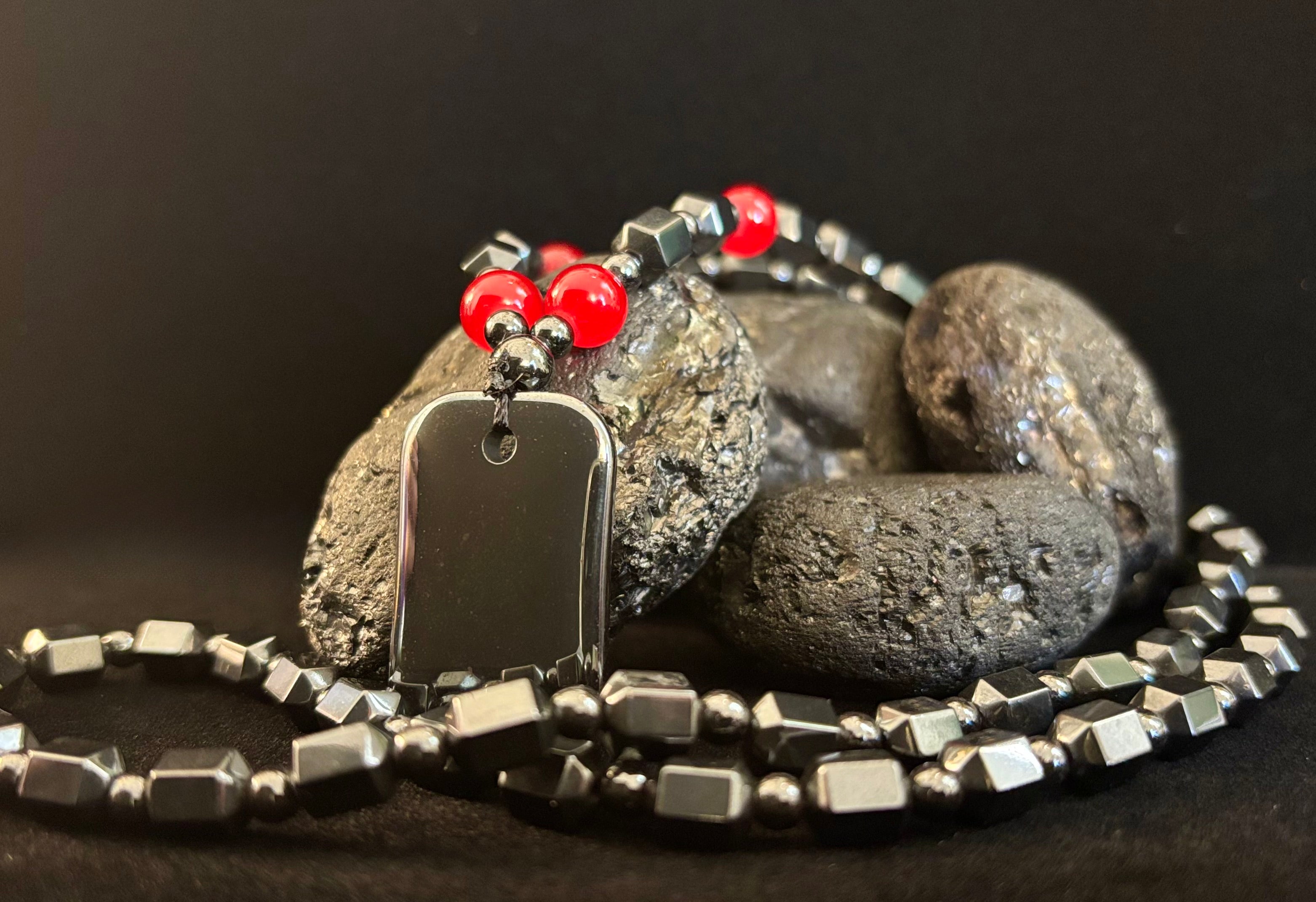 Hero Shield Magnetic Hematite Necklace – Red Power Beads + Dog Tag Pendant (Unisex Protection Jewelry)
