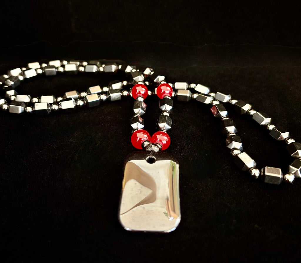 Hero Shield Magnetic Hematite Necklace – Red Power Beads + Dog Tag Pendant (Unisex Protection Jewelry)