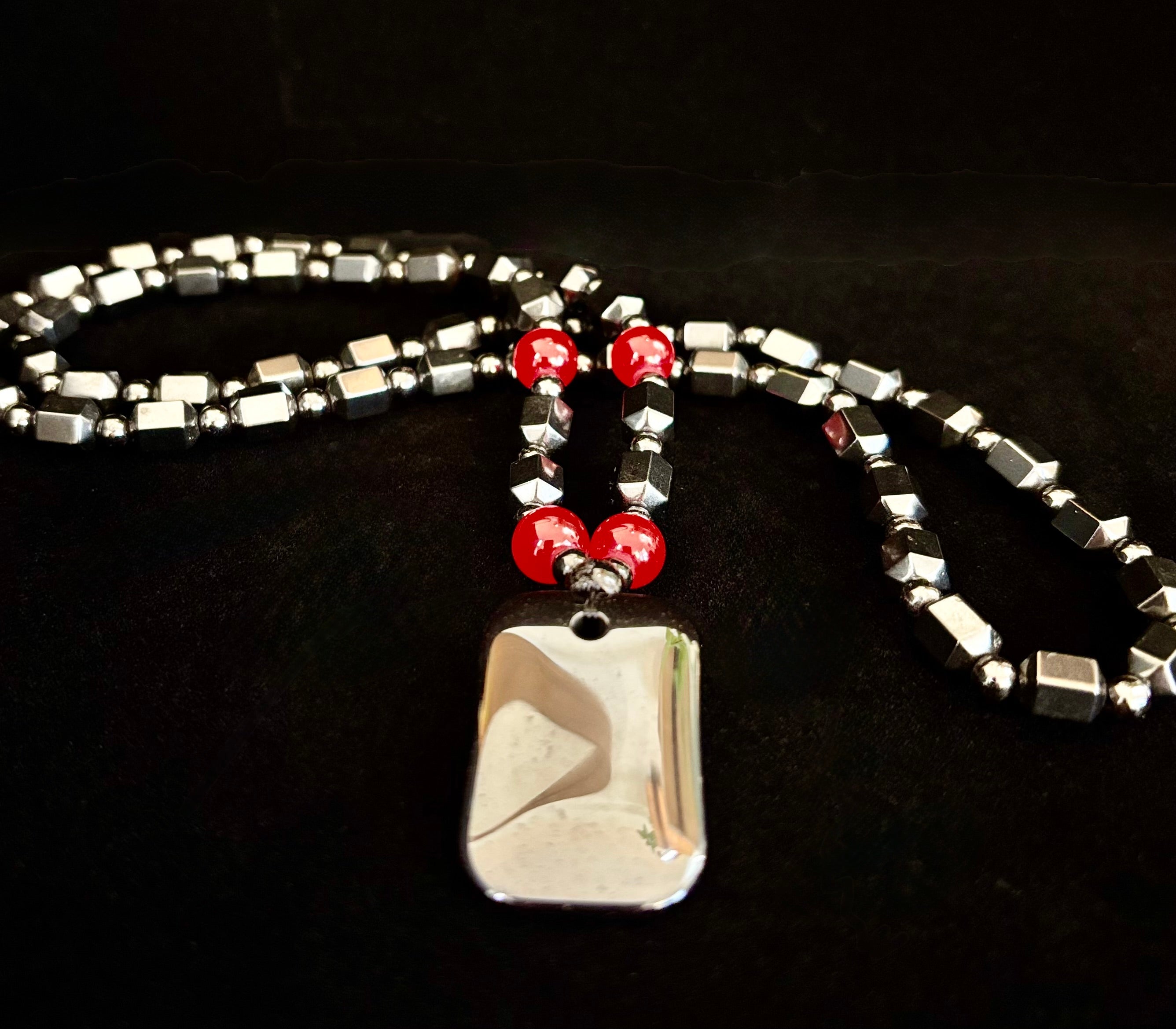 Hero Shield Magnetic Hematite Necklace – Red Power Beads + Dog Tag Pendant (Unisex Protection Jewelry)