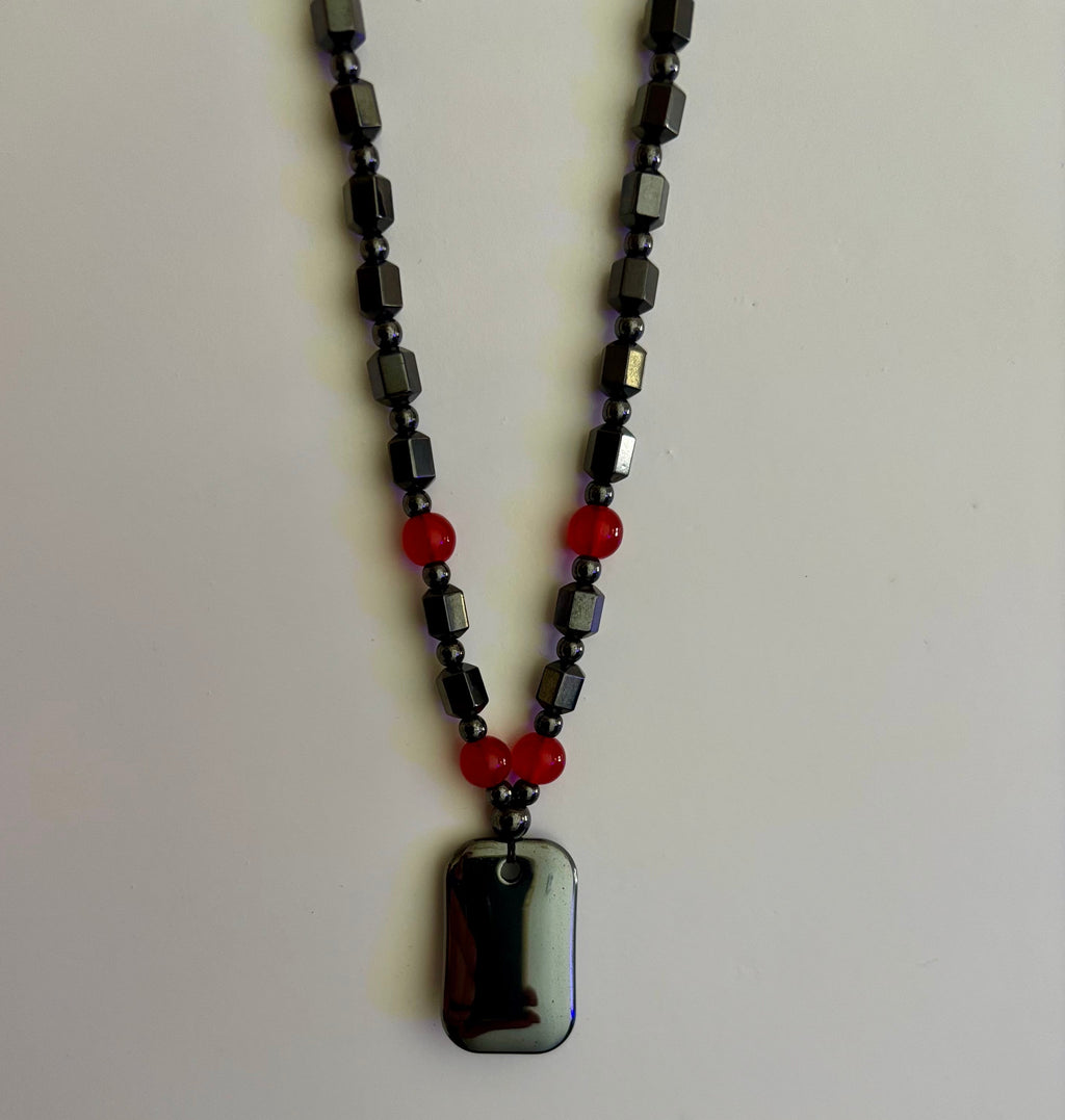 Hero Shield Magnetic Hematite Necklace – Red Power Beads + Dog Tag Pendant (Unisex Protection Jewelry)