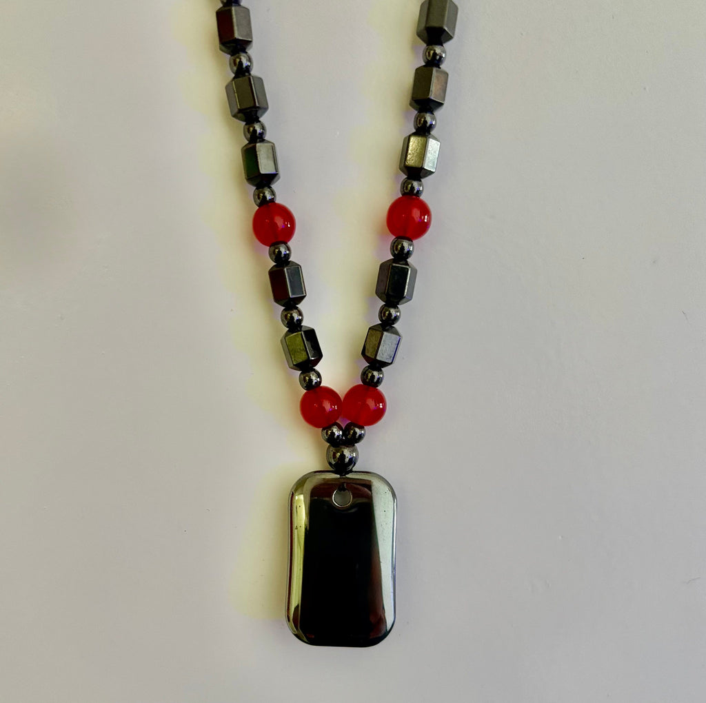Hero Shield Magnetic Hematite Necklace – Red Power Beads + Dog Tag Pendant (Unisex Protection Jewelry)