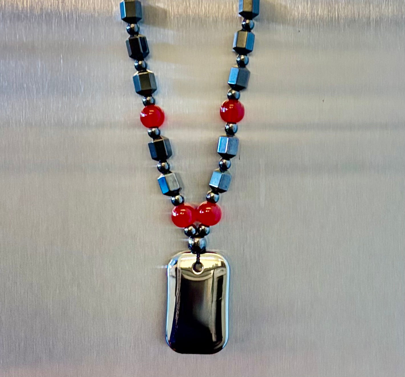 Hero Shield Magnetic Hematite Necklace – Red Power Beads + Dog Tag Pendant (Unisex Protection Jewelry)