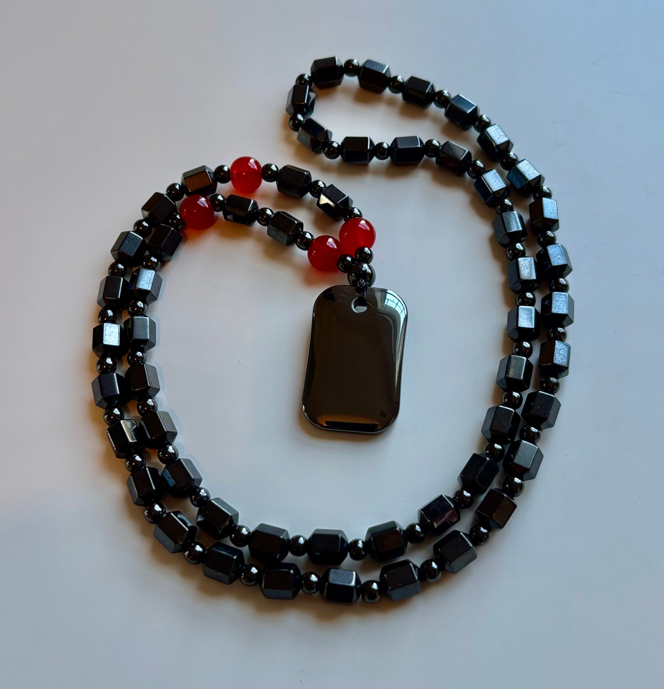 Hero Shield Magnetic Hematite Necklace – Red Power Beads + Dog Tag Pendant (Unisex Protection Jewelry)