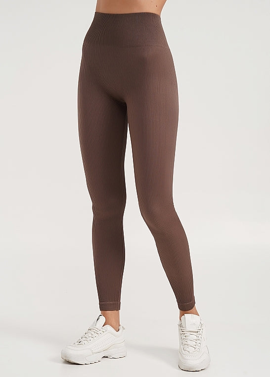 Women's Seamless Ribbed High-Waisted Push-Up Yoga Leggings Brown