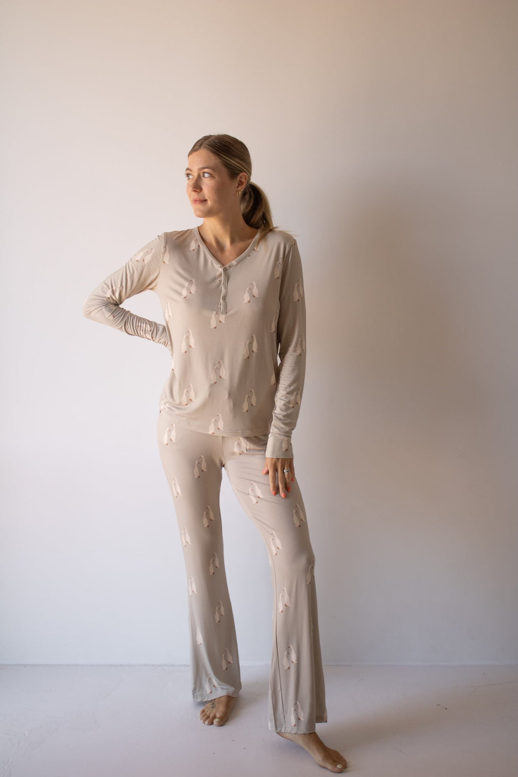 Women's Long Sleeve Bamboo Pajama Set in Silly Goose Print