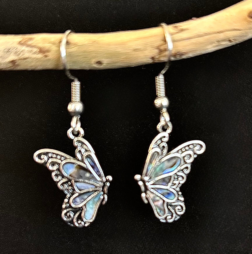Petite Abalone Butterfly Earrings | Iridescent Wing Dangle Jewels