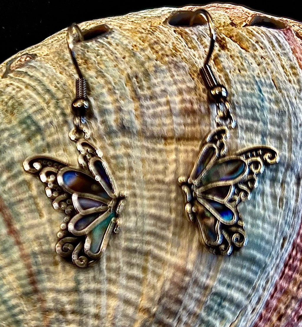 Petite Abalone Butterfly Earrings | Iridescent Wing Dangle Jewels