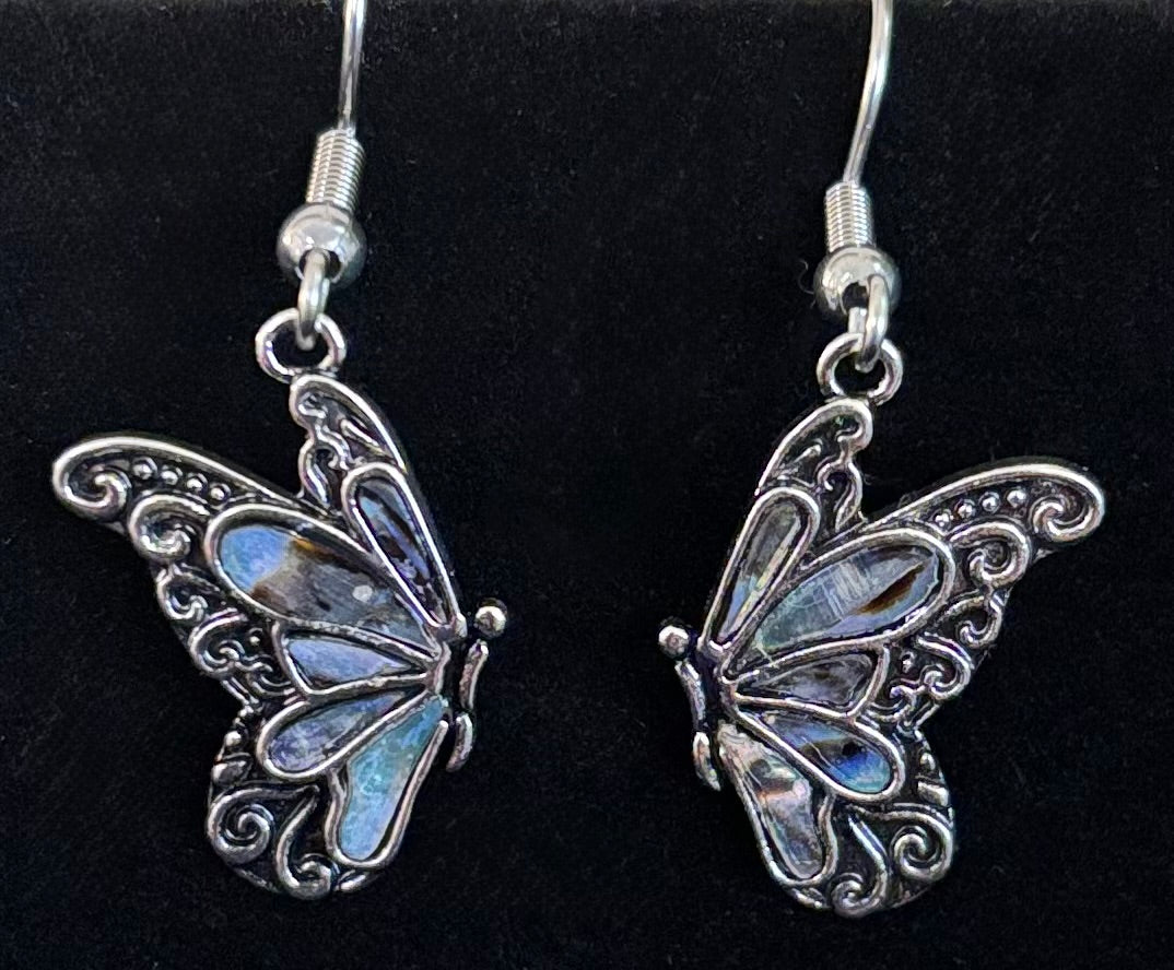 Petite Abalone Butterfly Earrings | Iridescent Wing Dangle Jewels