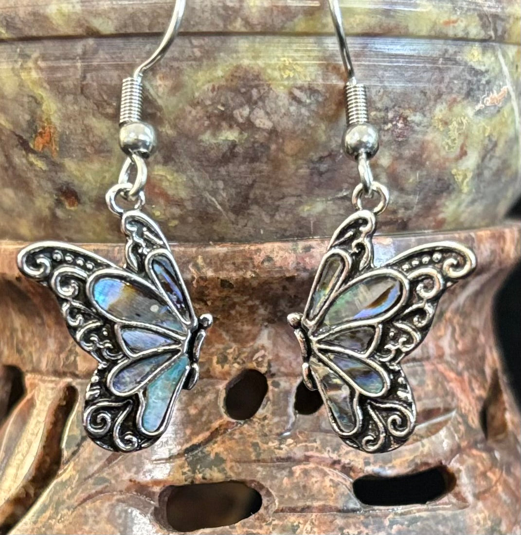 Petite Abalone Butterfly Earrings | Iridescent Wing Dangle Jewels