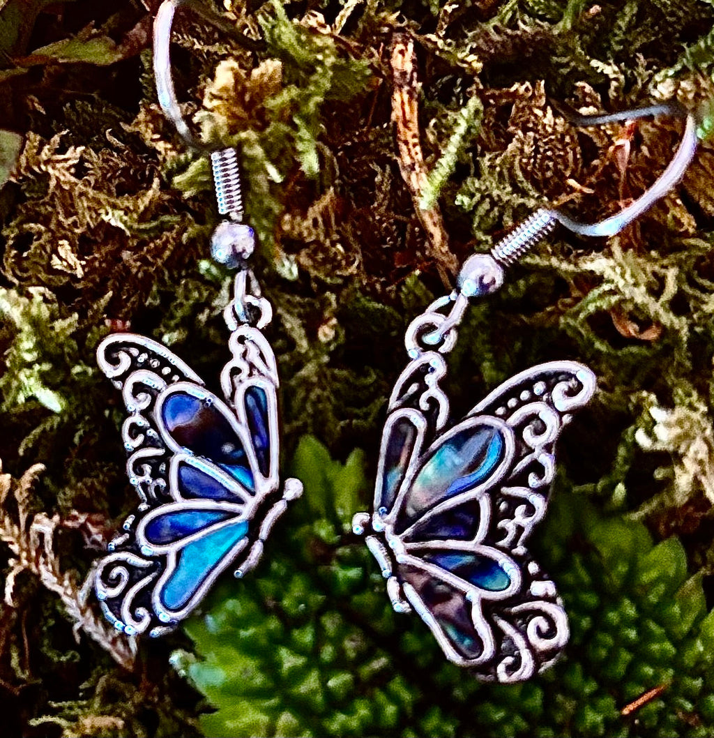 Petite Abalone Butterfly Earrings | Iridescent Wing Dangle Jewels
