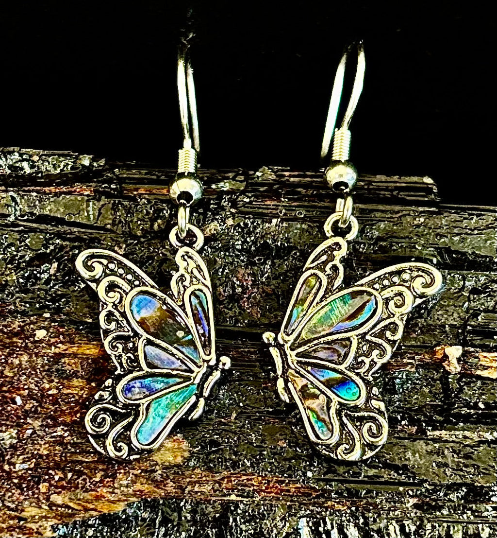 Petite Abalone Butterfly Earrings | Iridescent Wing Dangle Jewels