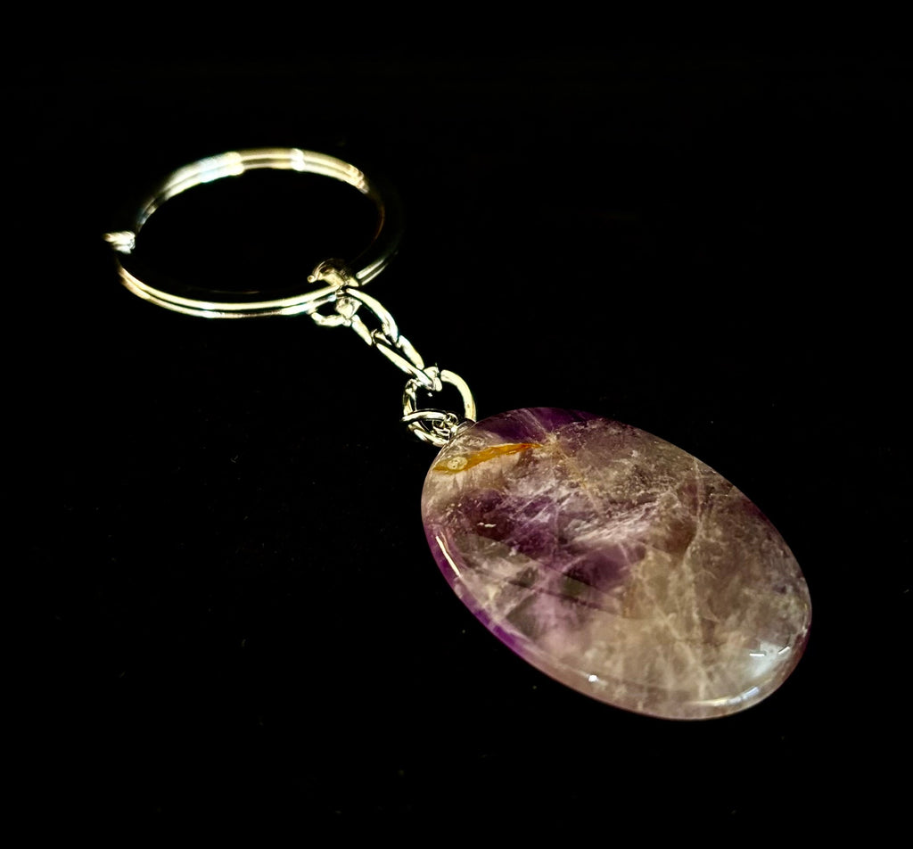 Natural Crystal Worry Stone Keychain – Amethyst, Clear Quartz, Obsidian, Tiger’s Eye, Green Aventurine & Rose Quartz (1.25”)