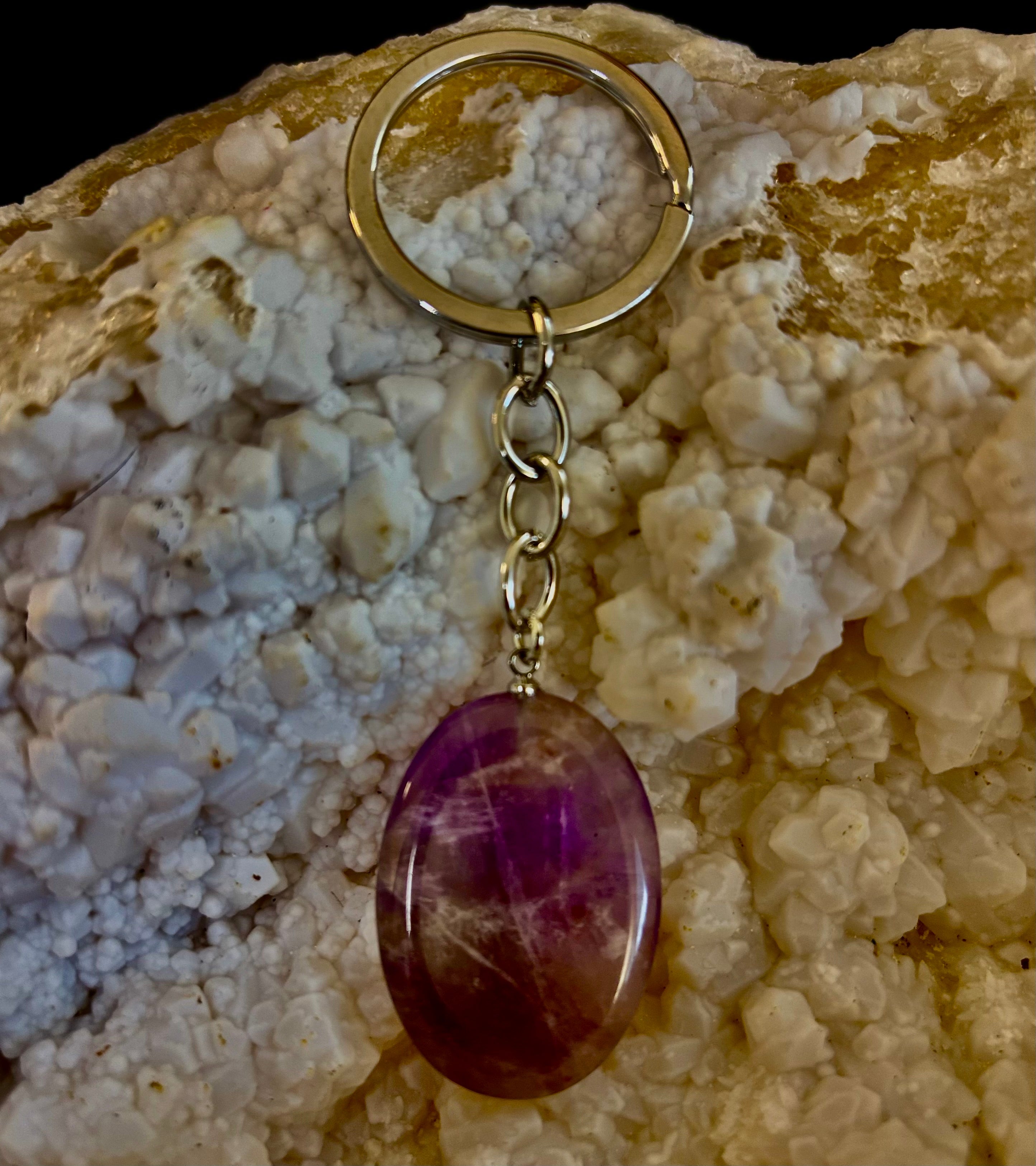 Natural Crystal Worry Stone Keychain – Amethyst, Clear Quartz, Obsidian, Tiger’s Eye, Green Aventurine & Rose Quartz (1.25”)