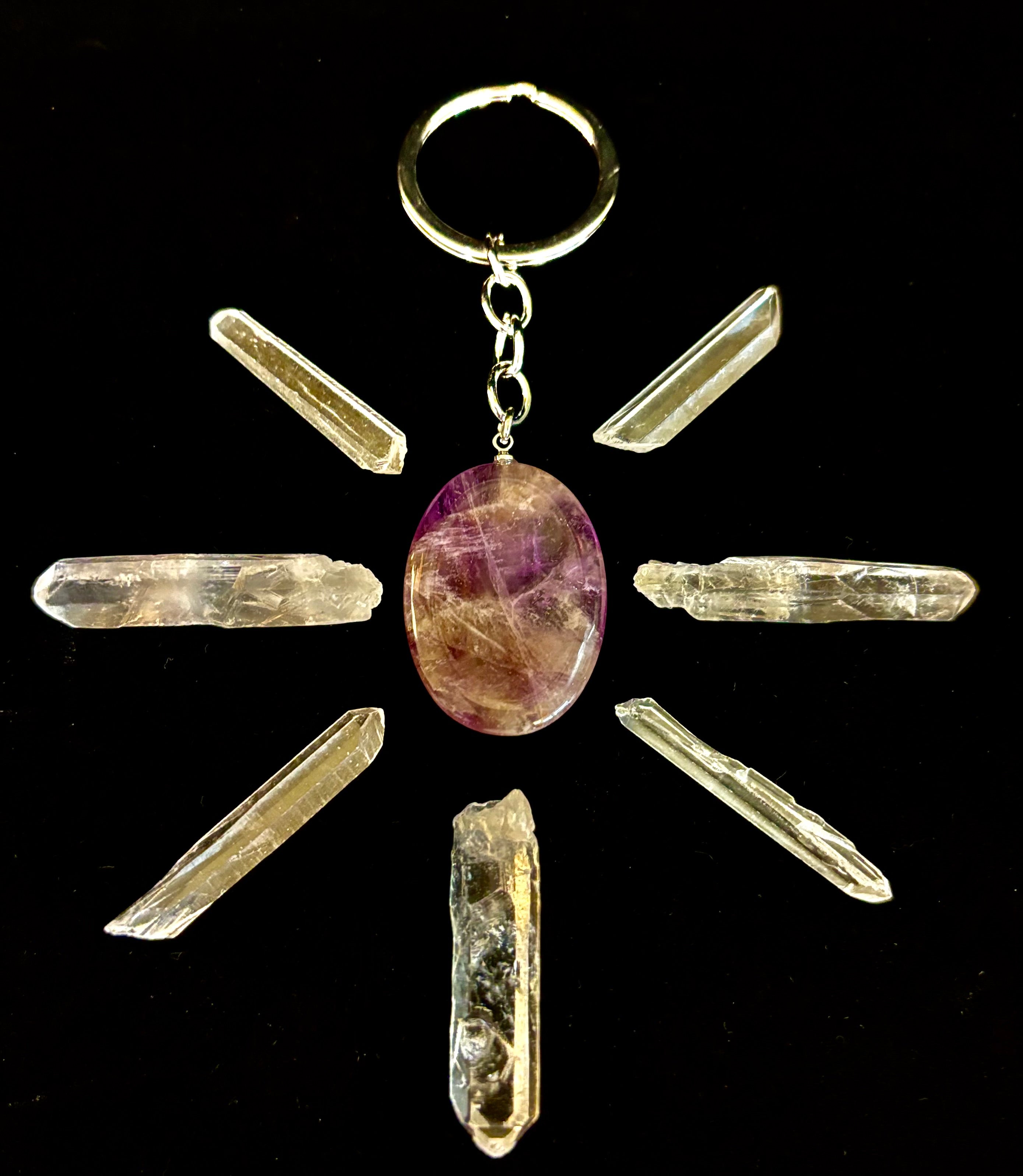 Natural Crystal Worry Stone Keychain – Amethyst, Clear Quartz, Obsidian, Tiger’s Eye, Green Aventurine & Rose Quartz (1.25”)