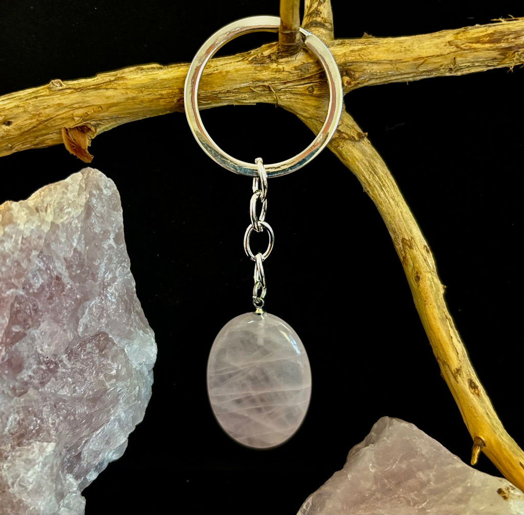 Natural Crystal Worry Stone Keychain – Amethyst, Clear Quartz, Obsidian, Tiger’s Eye, Green Aventurine & Rose Quartz (1.25”)
