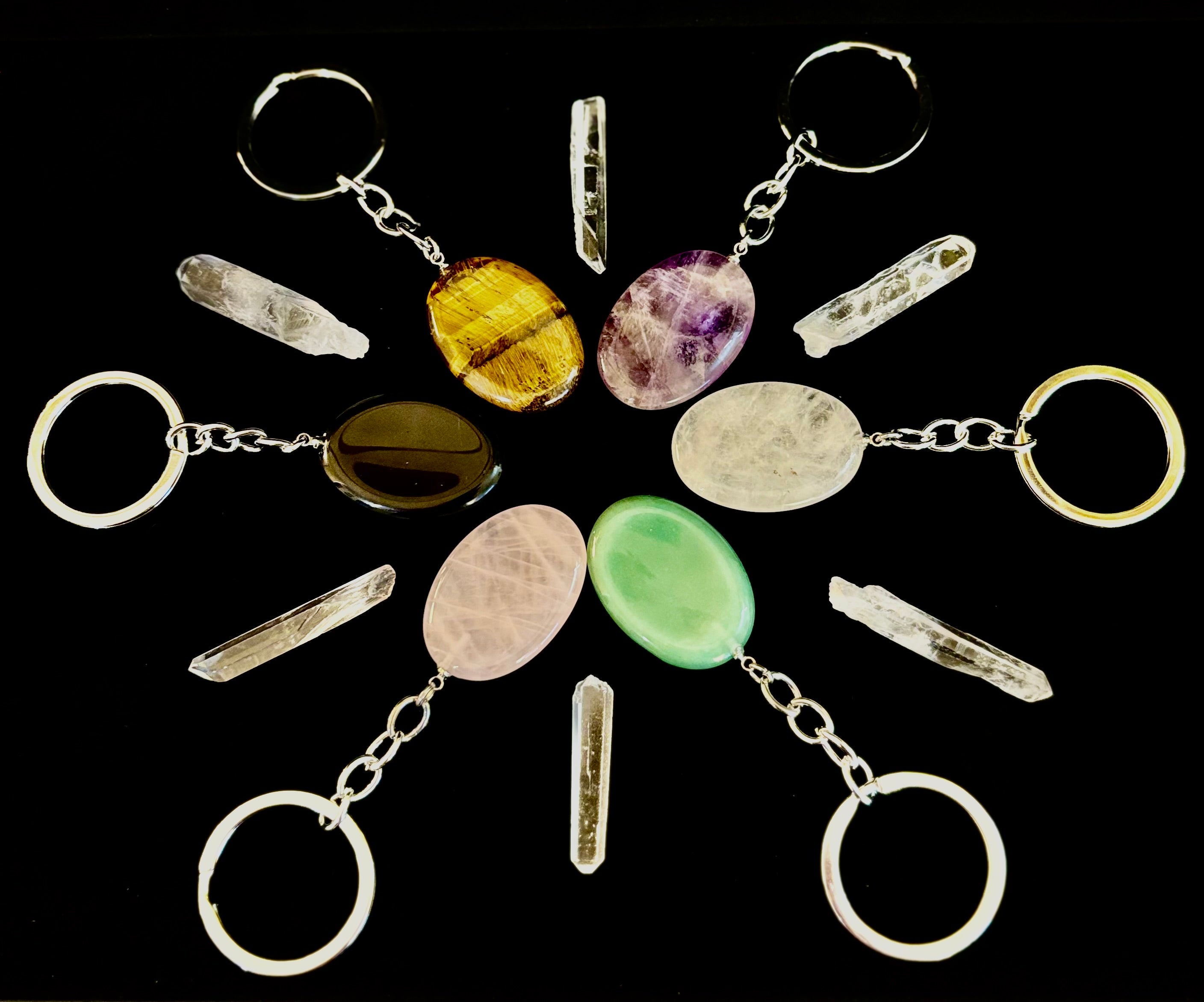 Natural Crystal Worry Stone Keychain – Amethyst, Clear Quartz, Obsidian, Tiger’s Eye, Green Aventurine & Rose Quartz (1.25”)