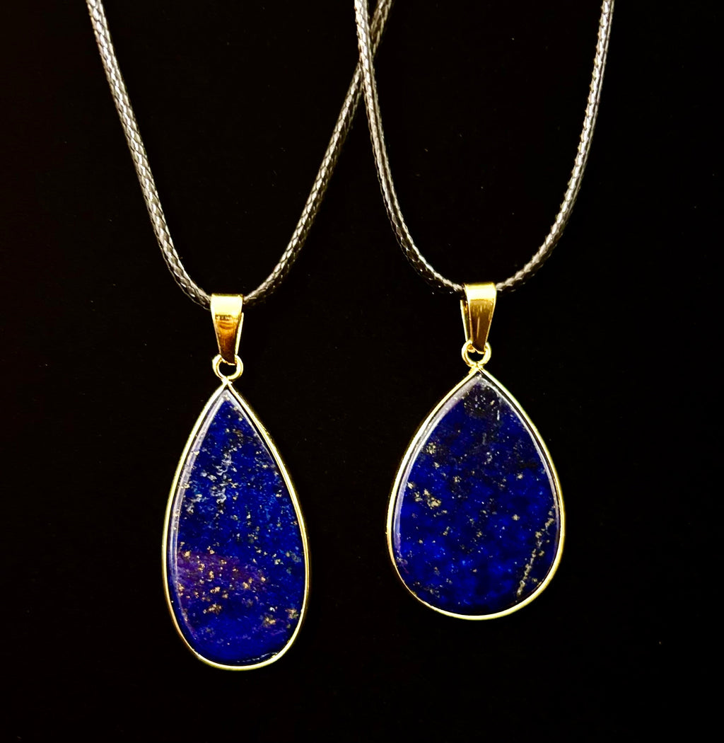 Royal Lapis Lazuli Pendant Necklace – Natural Blue Gemstone on 22” Leather Rope (2 Styles)