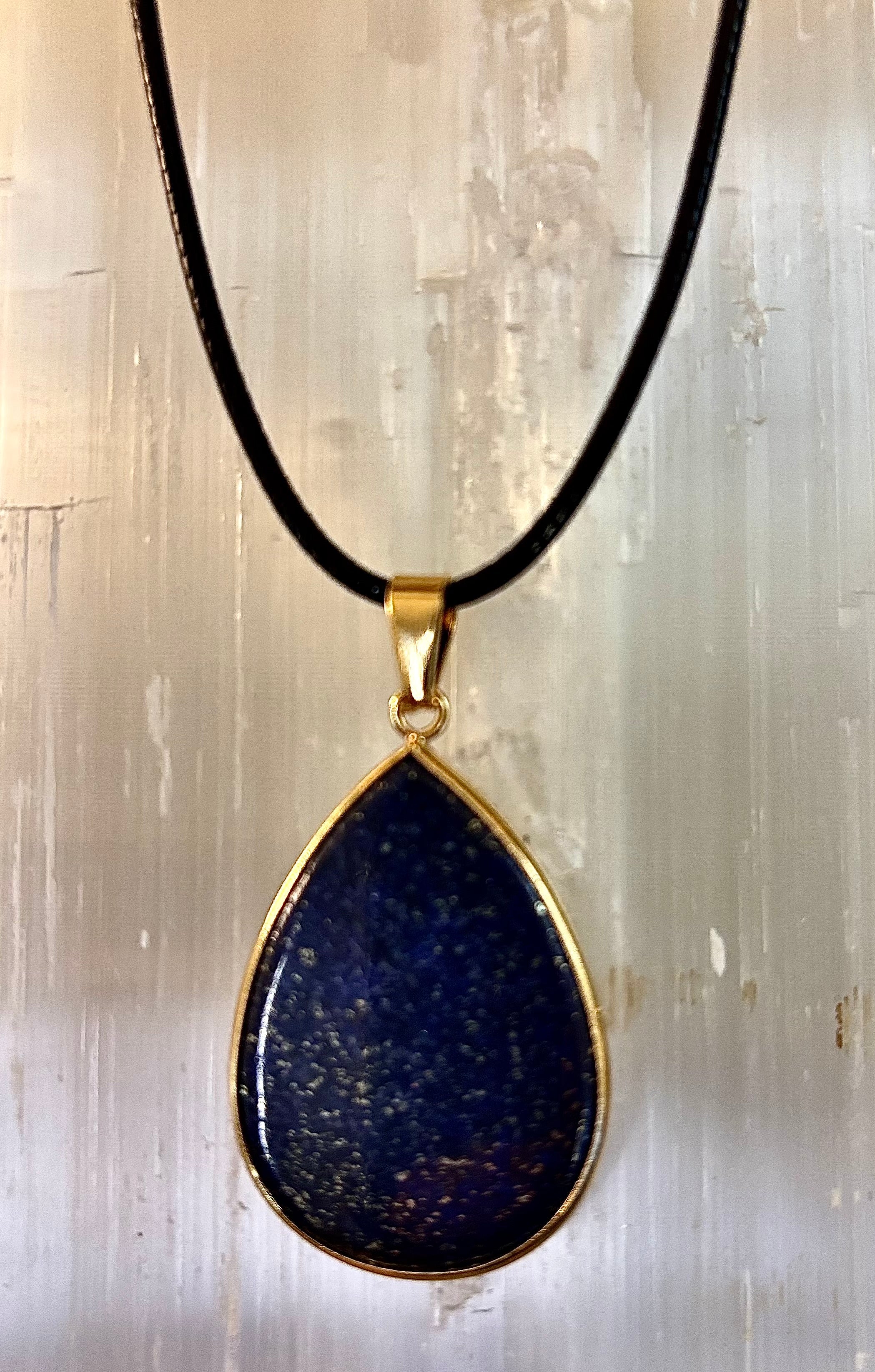 Royal Lapis Lazuli Pendant Necklace – Natural Blue Gemstone on 22” Leather Rope (2 Styles)