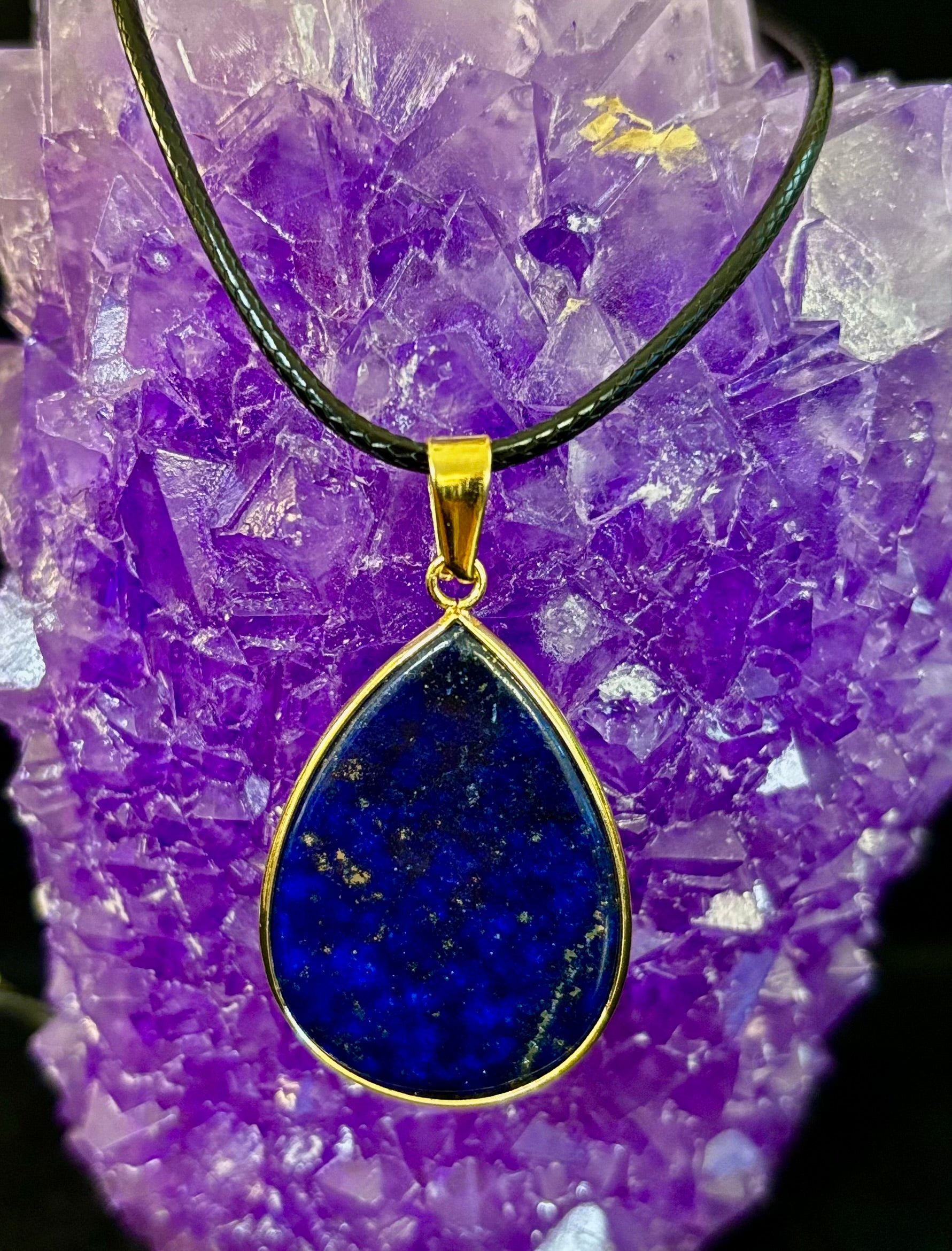 Royal Lapis Lazuli Pendant Necklace – Natural Blue Gemstone on 22” Leather Rope (2 Styles)
