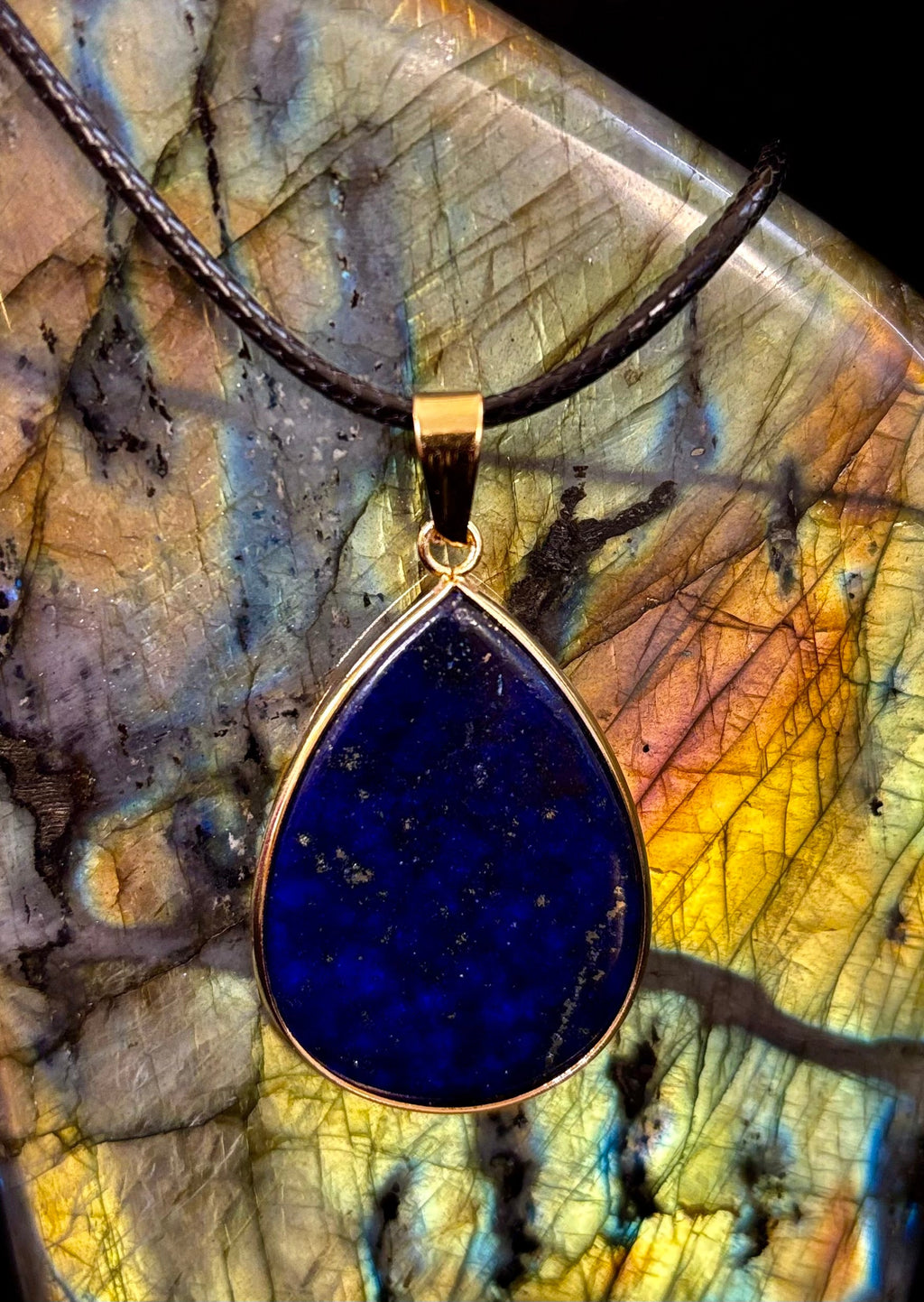 Royal Lapis Lazuli Pendant Necklace – Natural Blue Gemstone on 22” Leather Rope (2 Styles)