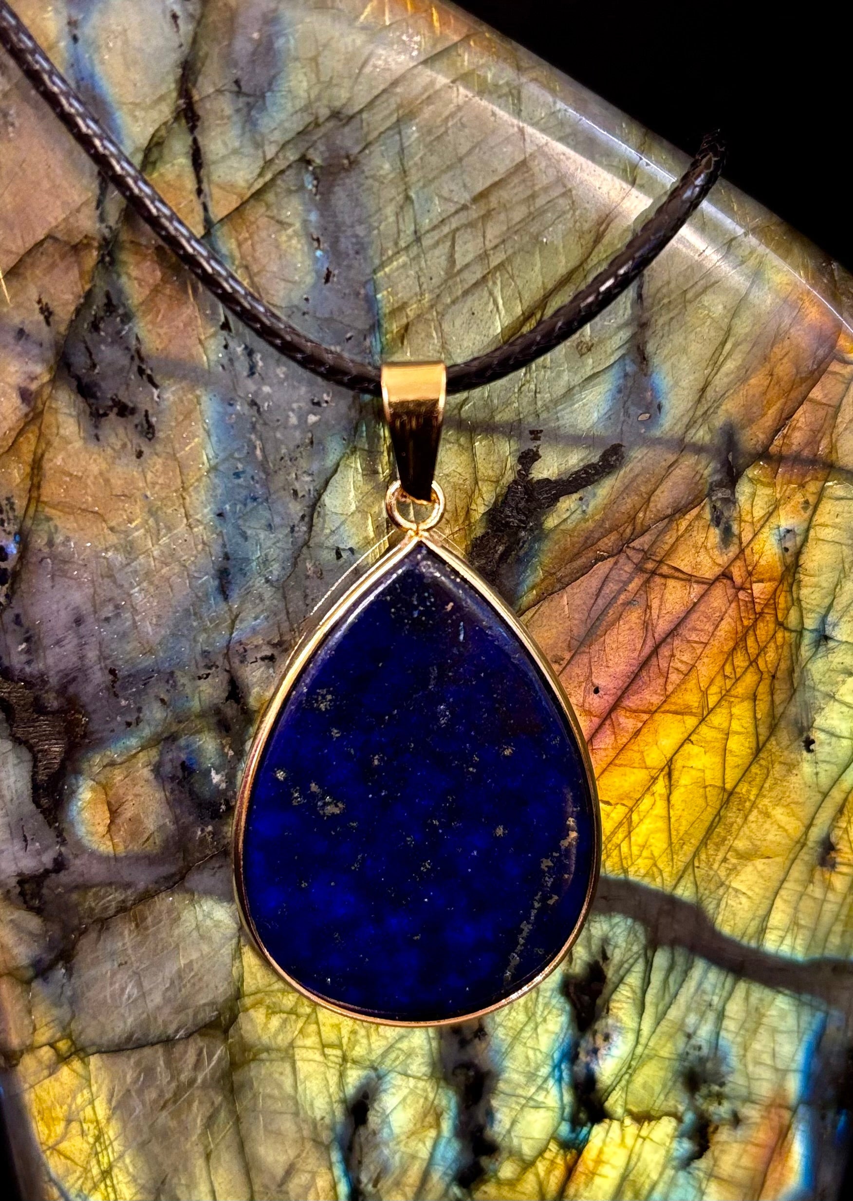 Royal Lapis Lazuli Pendant Necklace – Natural Blue Gemstone on 22” Leather Rope (2 Styles)